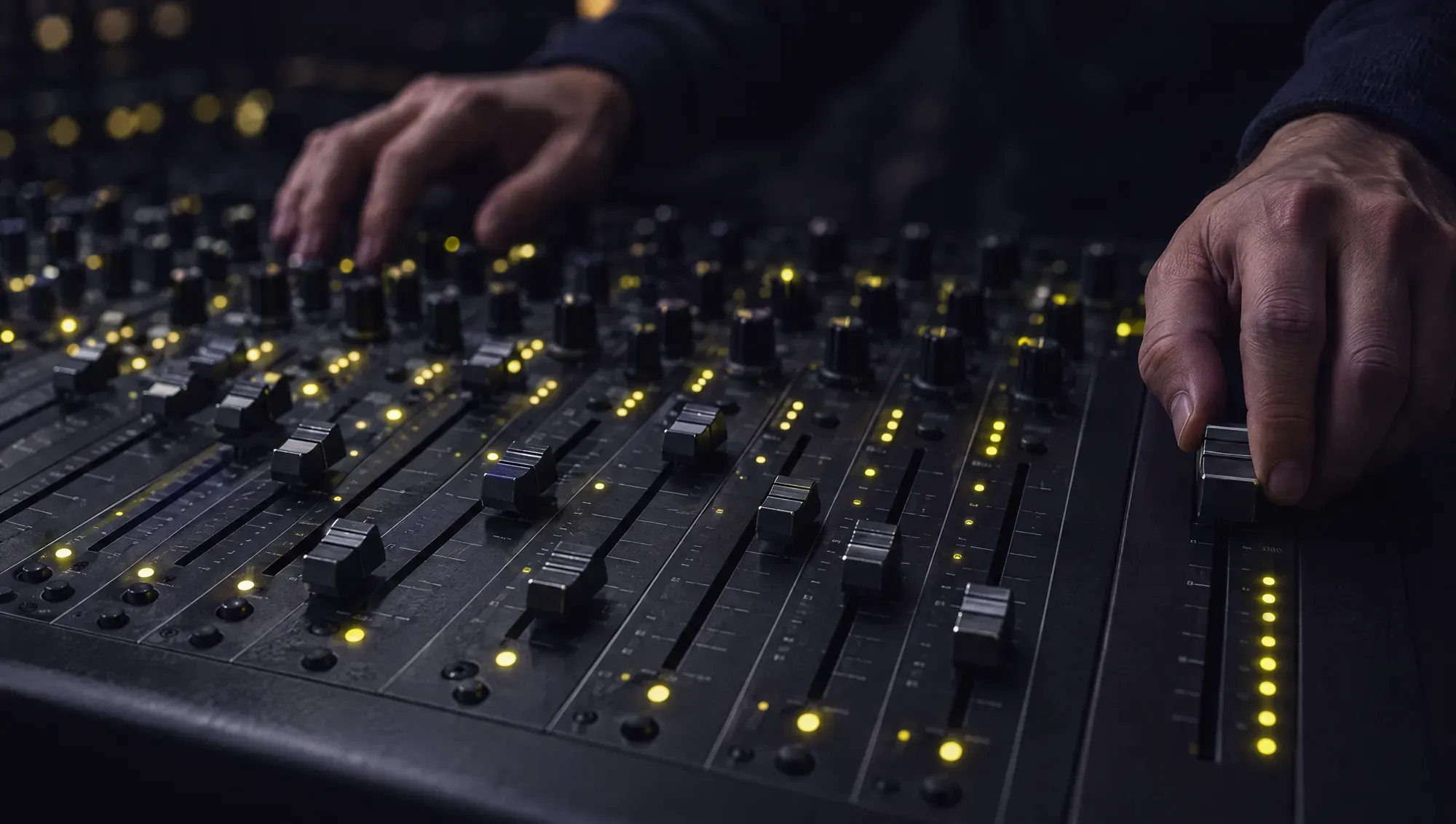 Le mani di un tecnico del suono su un mixer analogico scuro: i cursori motorizzati si muovono da soli a diverse altezze mentre una mano tiene fermo il cursore principale
