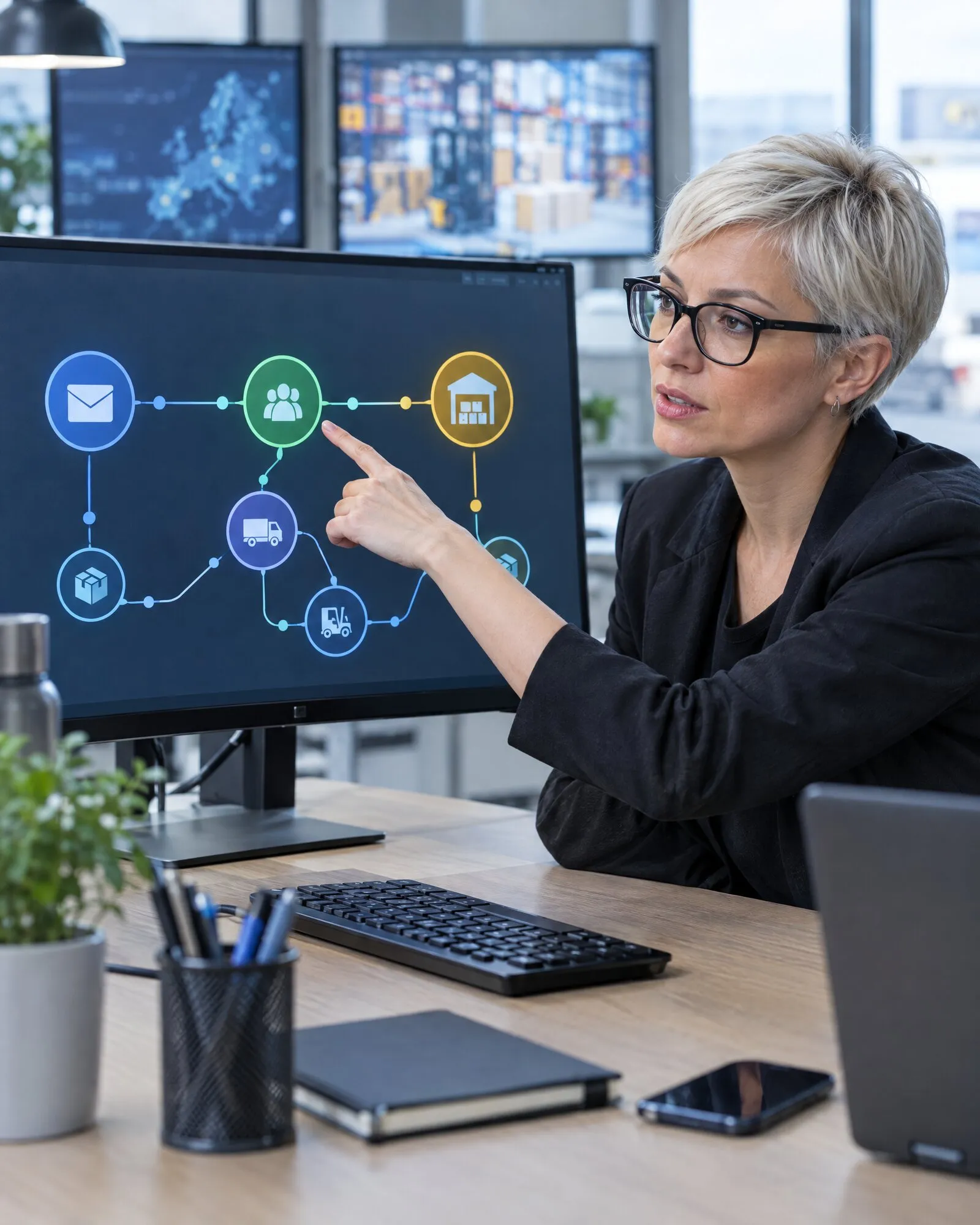 Flusso n8n sullo schermo che collega posta, CRM e gestionale