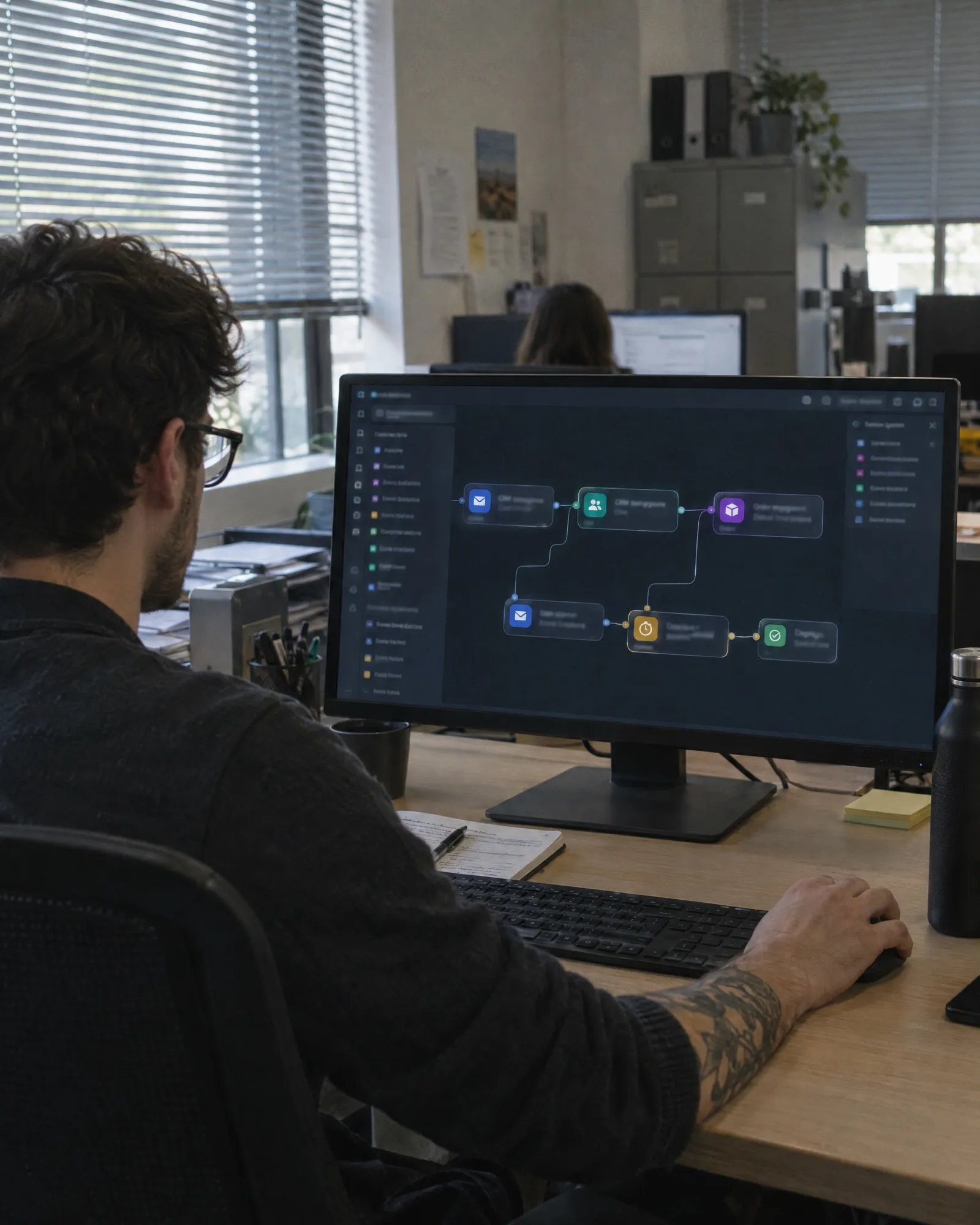 Flusso n8n sullo schermo che collega posta, CRM e gestionale