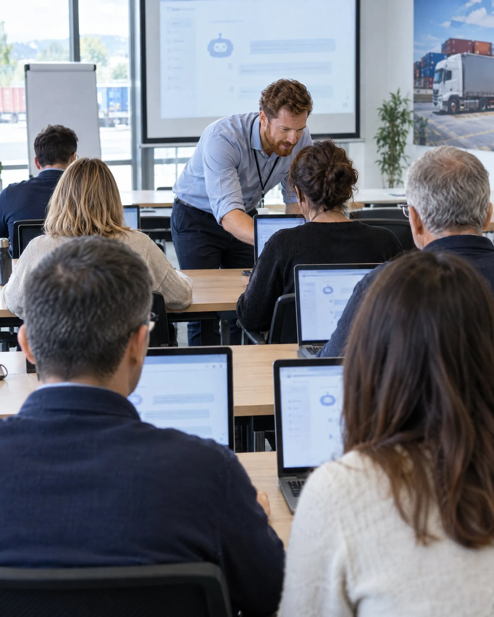 Mezza giornata di formazione in azienda, persone che provano l'assistente sui portatili