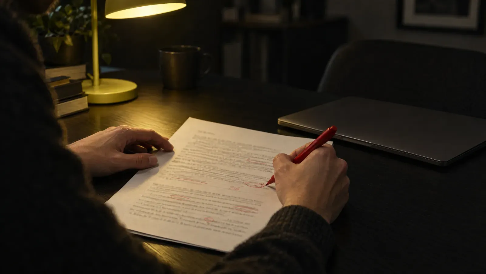 A person sitting at a meeting table reviews a printed document with a red pen, while a laptop next to them stays closed