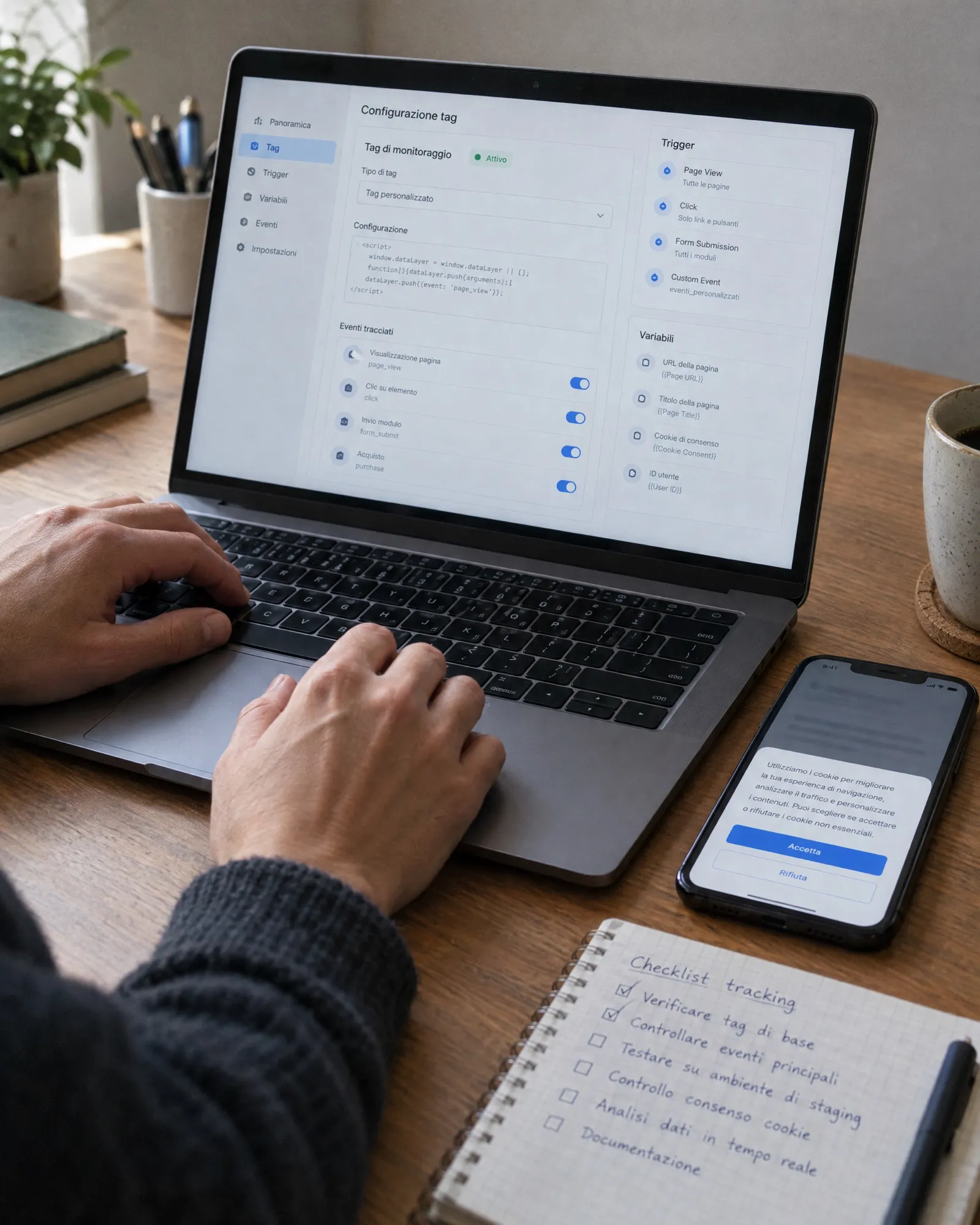 Configurazione del tracciamento sul portatile, banner cookie sul telefono