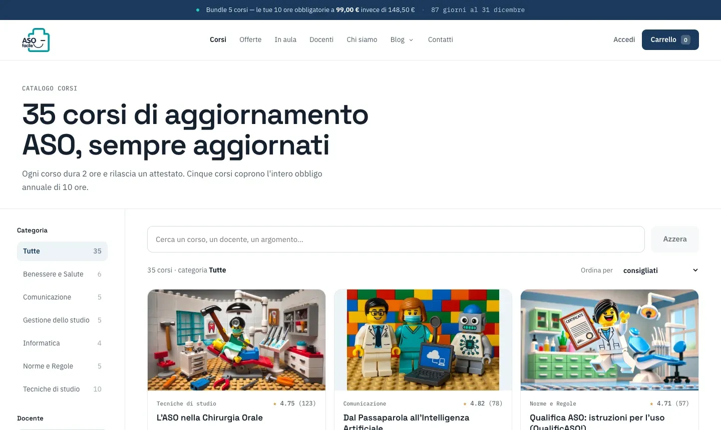 Il catalogo di asofacile.it: 35 corsi di aggiornamento ASO, con filtri per categoria e docente