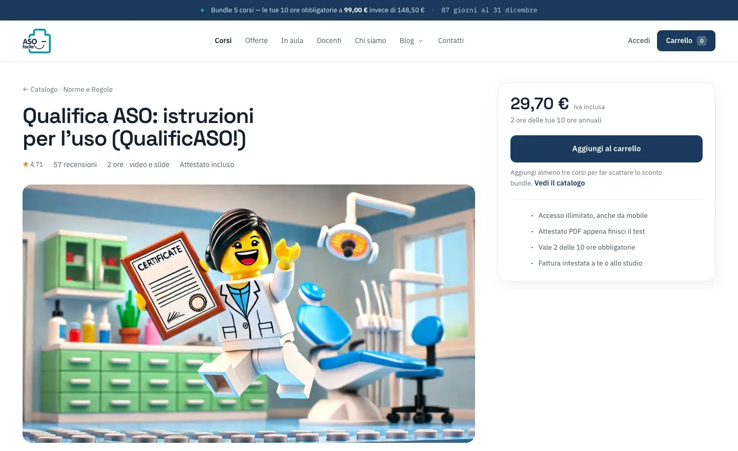 Scheda del corso QualificASO su asofacile.it, con prezzo, ore e attestato incluso