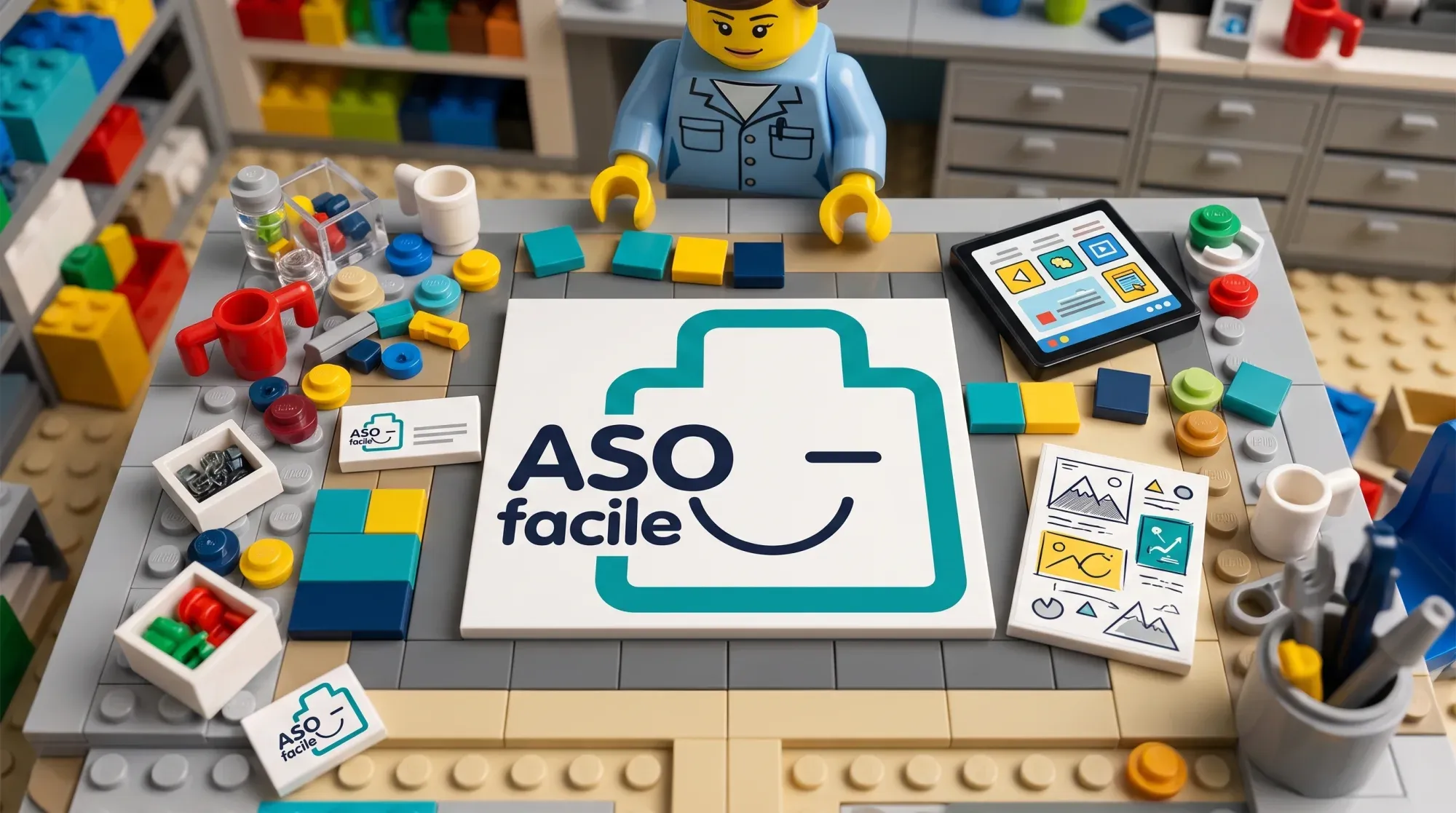 Il tavolo dell'immagine coordinata in mattoncini: il logo ASO Facile, i colori, il biglietto da visita e il tablet