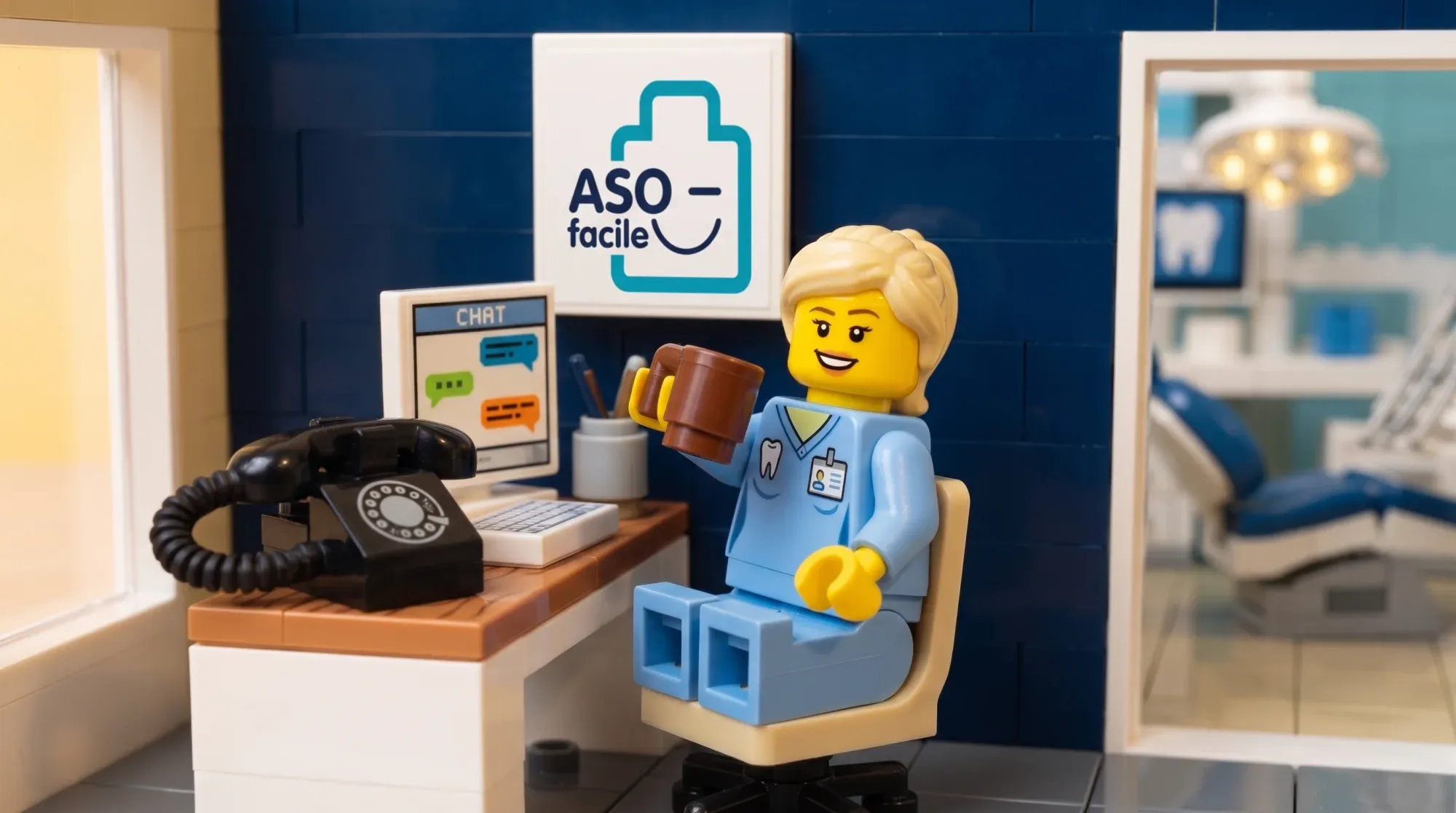 La receptionist in mattoncini beve un caffè mentre il telefono tace e la chat risponde da sola sullo schermo