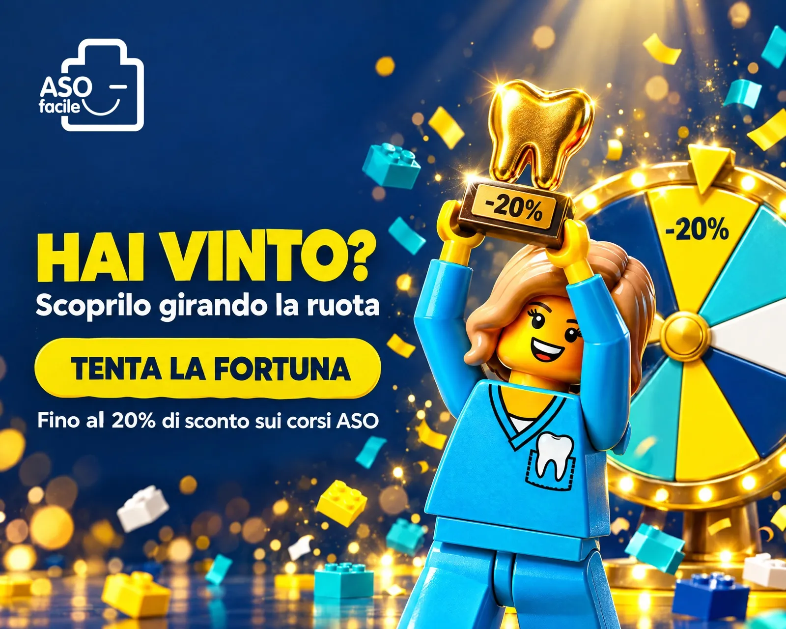 Grafica ASO Facile: Alice alza il trofeo del 20% di sconto davanti alla ruota