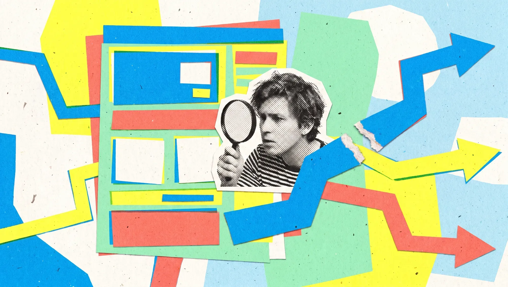 Colourful paper collage: a young man with a magnifying glass inspects a website made of paper blocks, while the arrow paths break off at a tear