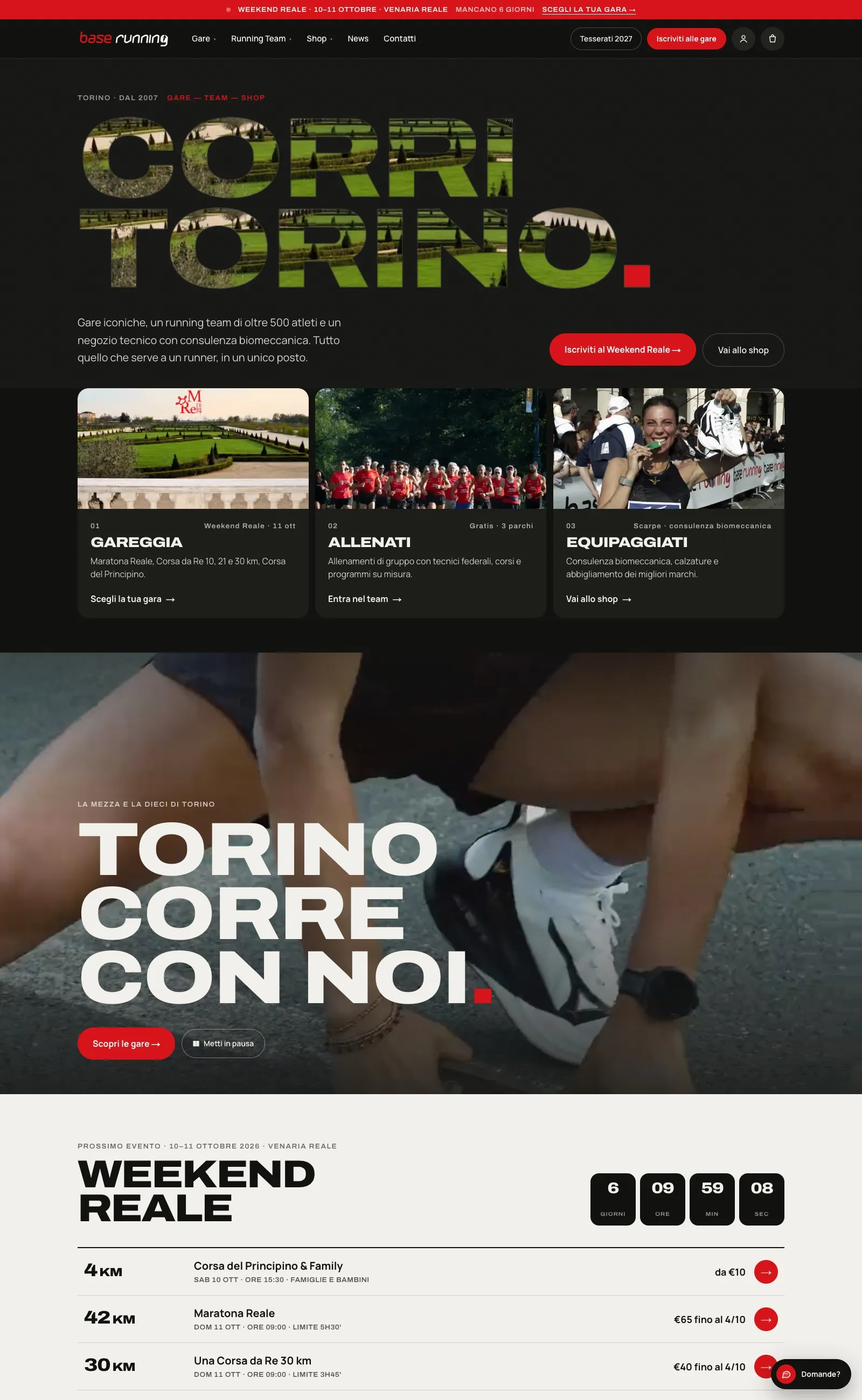 Pagina completa del nuovo sito Base Running, con gare, video e Weekend Reale