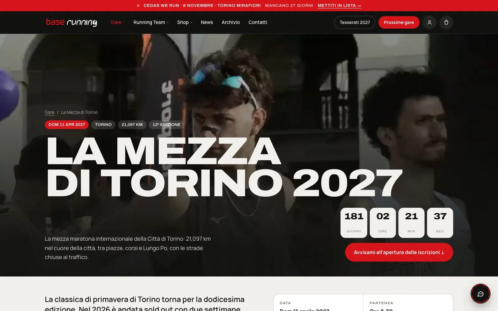 Pagina della Mezza di Torino sul nuovo sito Base Running, con il conto alla rovescia alla partenza