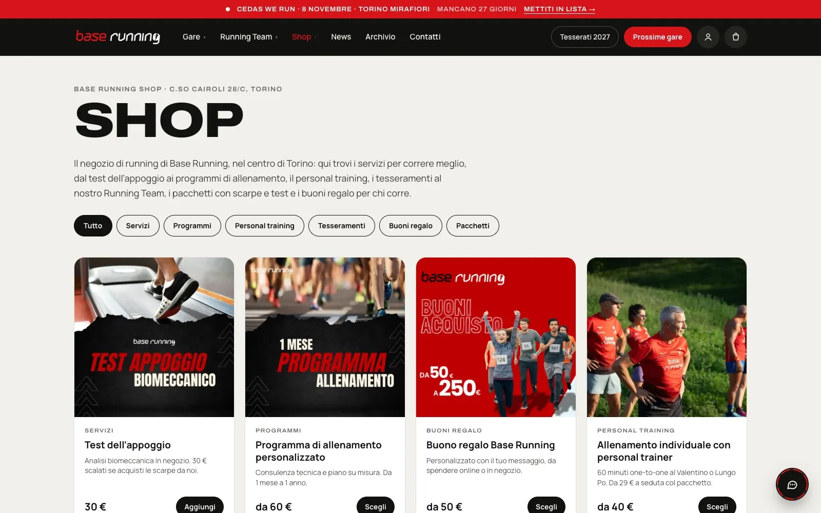 Lo shop del nuovo sito Base Running: test dell’appoggio, programmi, buoni regalo e personal training