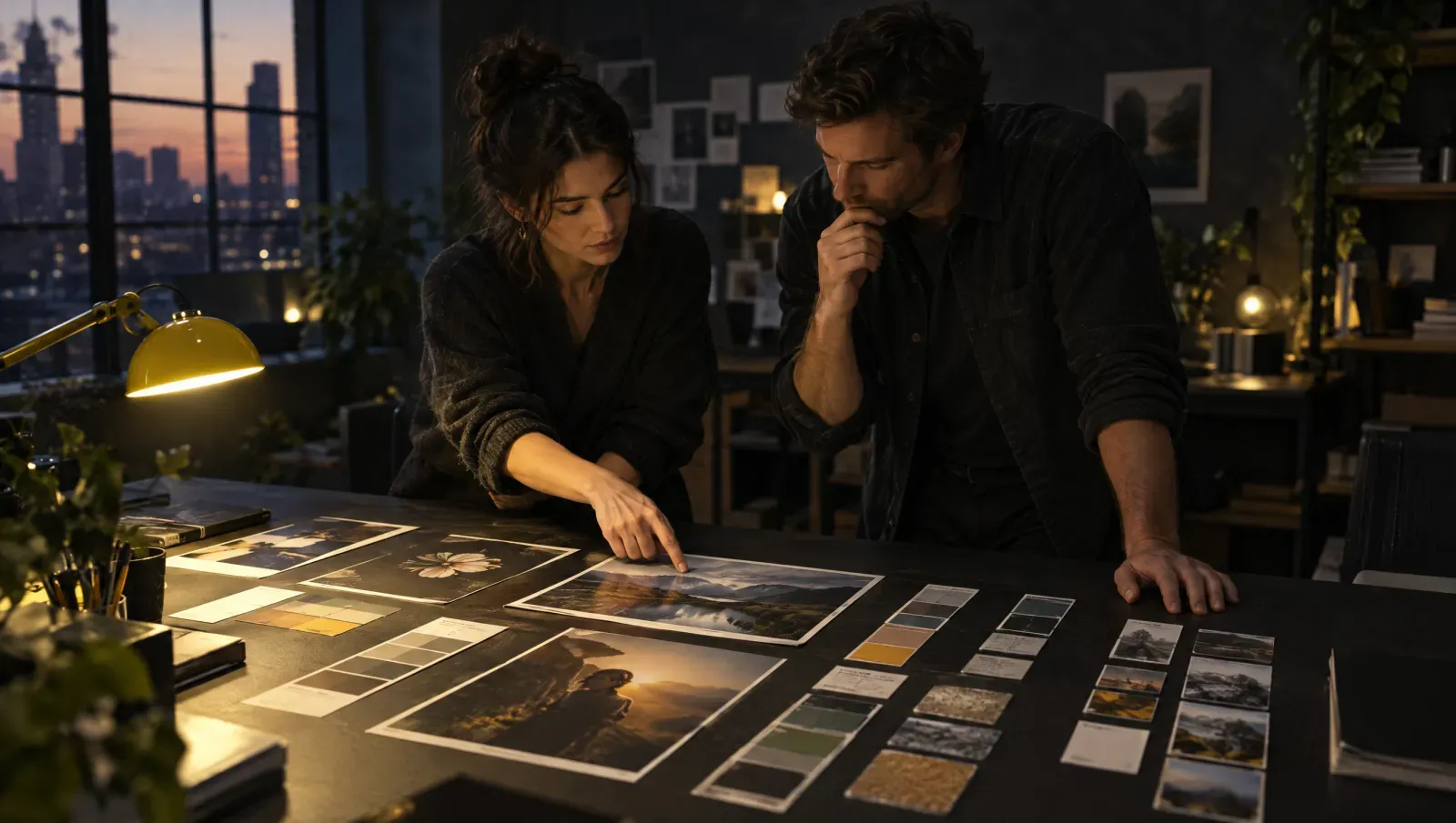 Une designer et un responsable marketing devant une grande table couverte de tirages photo, de nuanciers et de cartons disposés en colonnes bien rangées, à la lumière naturelle d’une fenêtre latérale