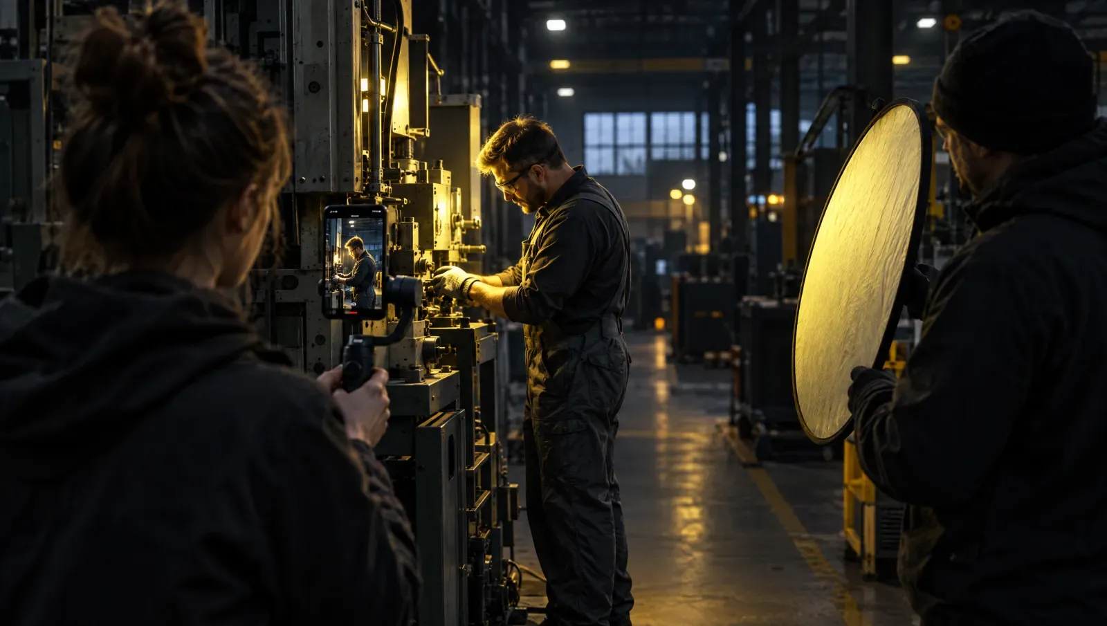 Un opérateur filme au smartphone, monté sur un petit stabilisateur, un technicien en combinaison qui règle une machine dans un atelier le soir, tandis qu’une collègue tient un réflecteur