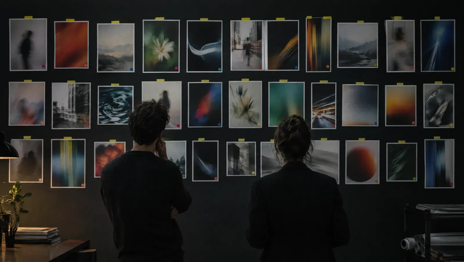 Una parete di un open space con decine di stampe di annunci in formati verticali e quadrati appese in righe ordinate con nastro giallo, alcune segnate con piccoli bollini colorati, e due persone che le osservano di spalle