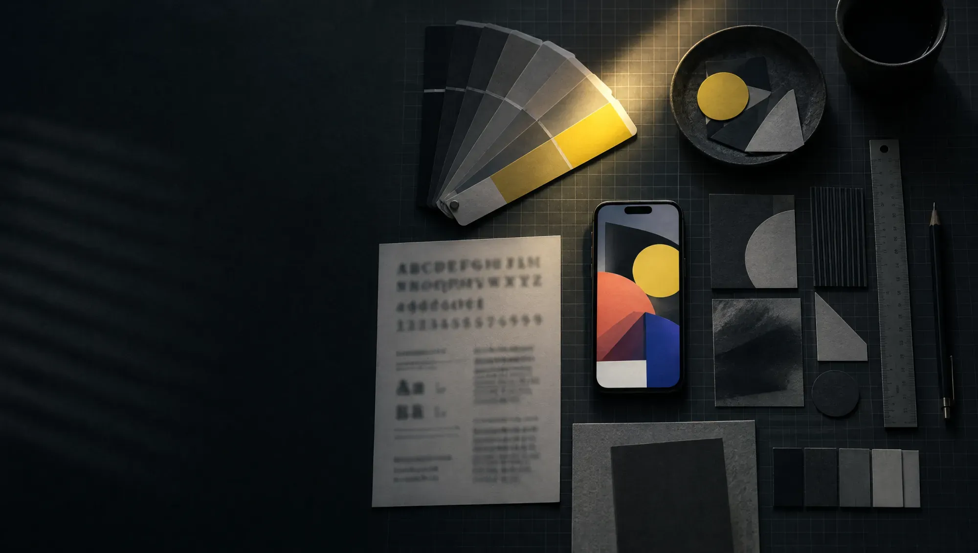 Un tavolo da studio grafico visto dall'alto con campioni di colore, una tavola tipografica, uno smartphone con un annuncio astratto e forme di carta allineate su una griglia