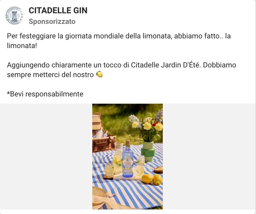 Inserzione di Citadelle Gin per la giornata mondiale della limonata, con il Jardin d'Été