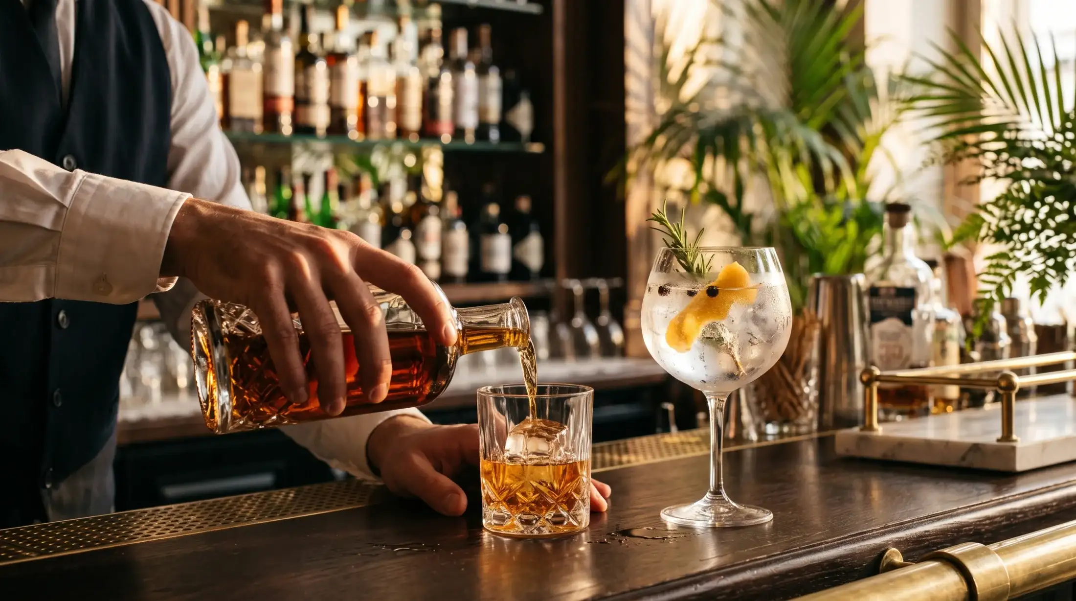 Un barman versa un rum ambrato al bancone di un cocktail bar, accanto a un gin tonic