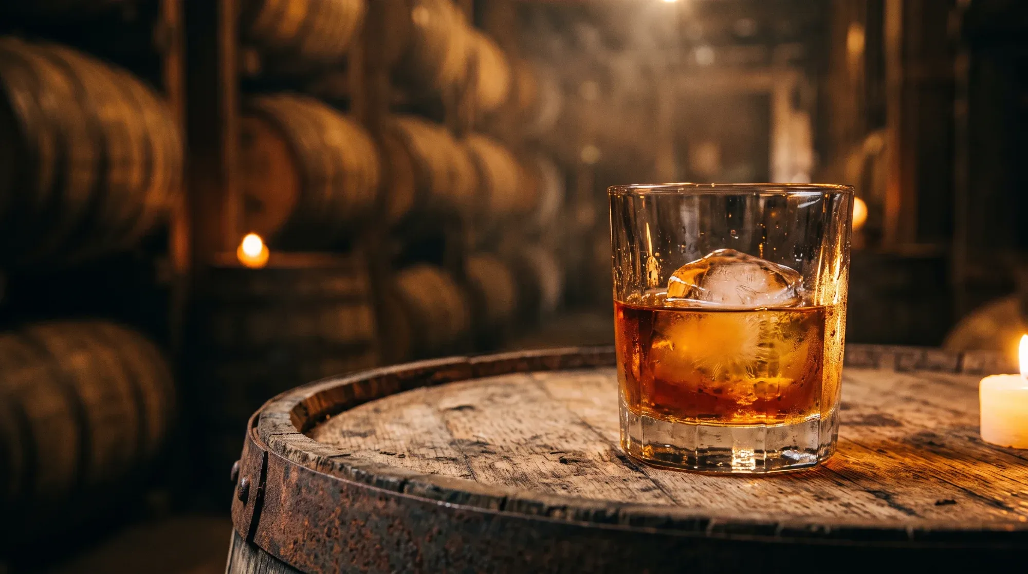 Un bicchiere di bourbon con il ghiaccio su una botte di rovere