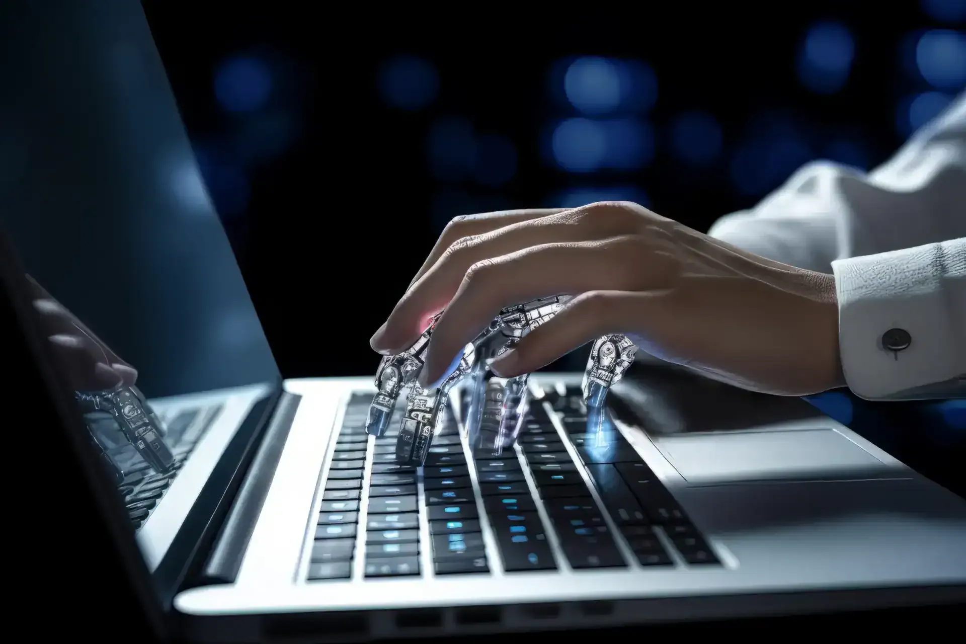 Une main humaine et une main robotique transparente qui tapent ensemble sur le clavier d'un ordinateur portable éclairé en bleu
