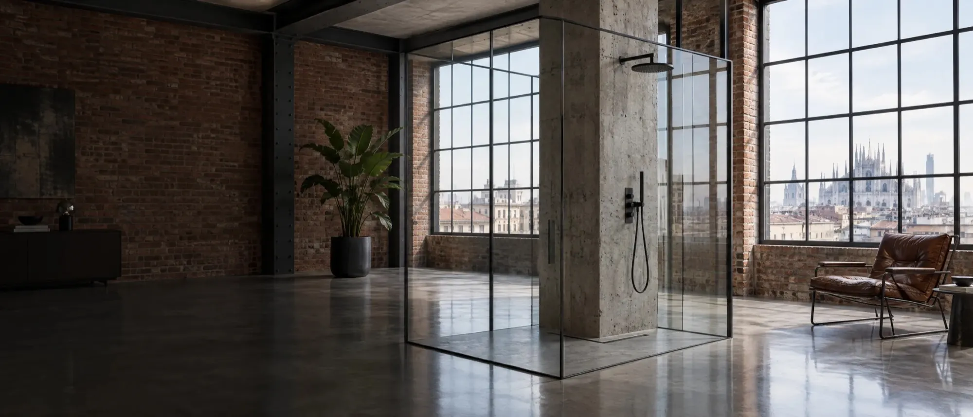 Box doccia walk-in CSA in un loft con i mattoni a vista