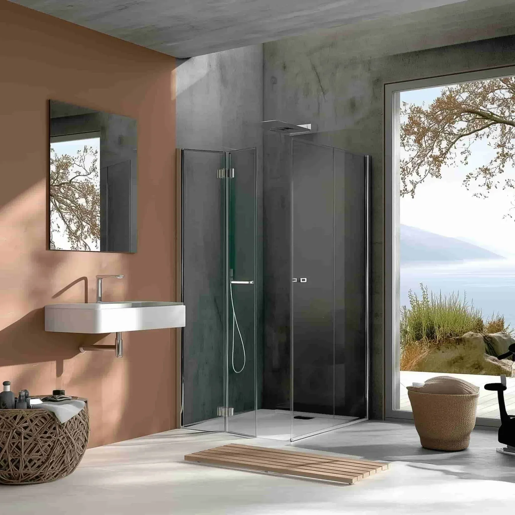 Box doccia angolare CSA Gioia in un bagno con le pareti in pietra chiara