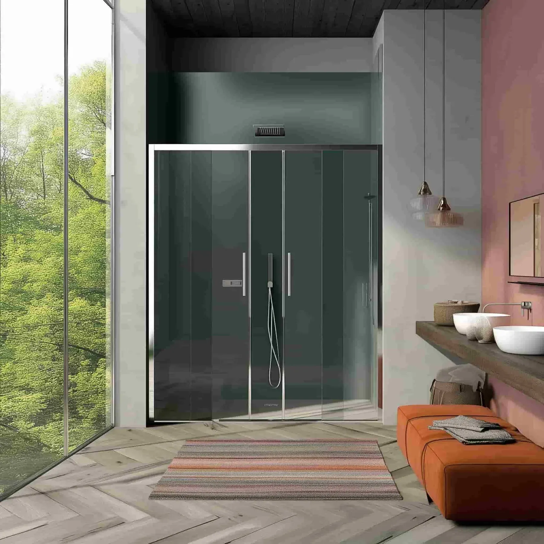 Box doccia a nicchia CSA Lia in un bagno con le piastrelle verdi