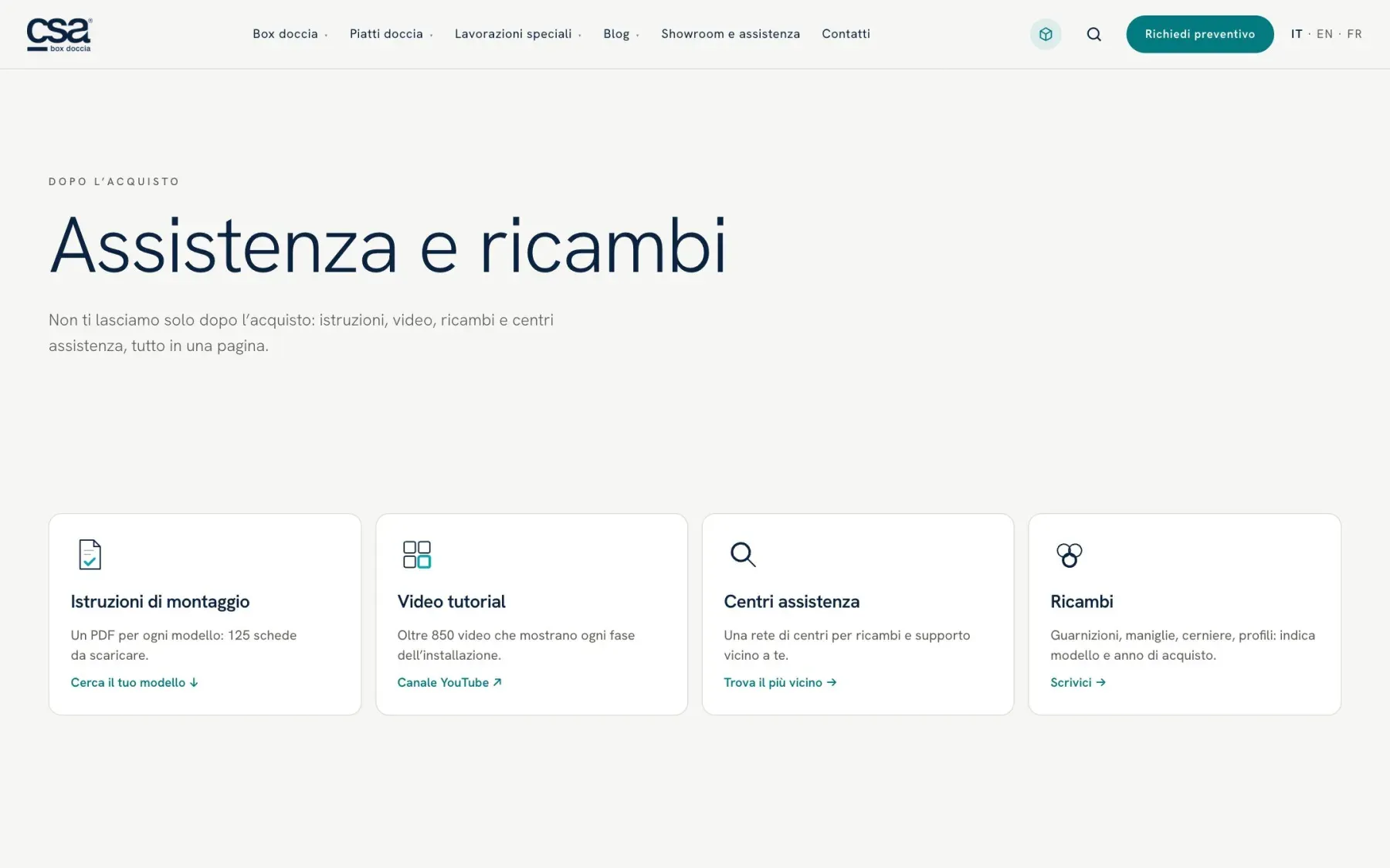 La pagina Assistenza e ricambi di csaboxdoccia.it: istruzioni di montaggio, video tutorial, centri assistenza e ricambi