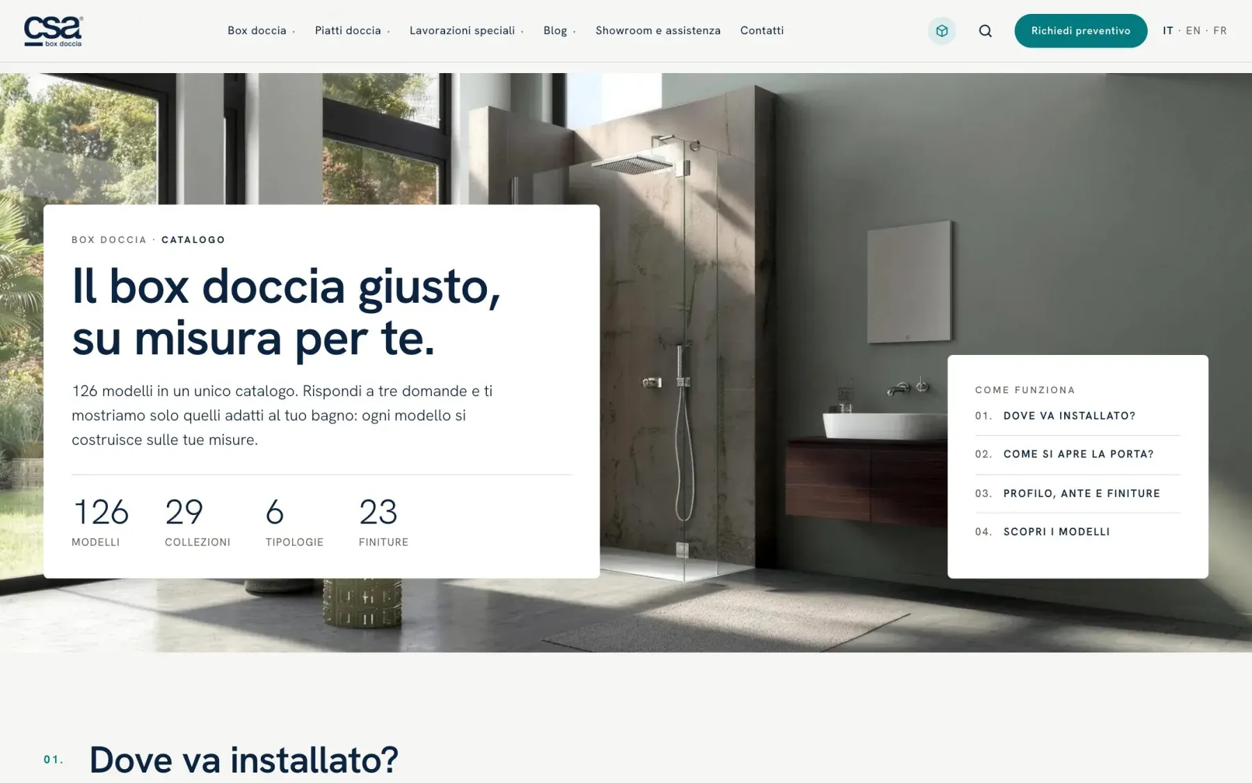 Il catalogo di csaboxdoccia.it: 126 modelli, 29 collezioni e le domande per trovare il box giusto