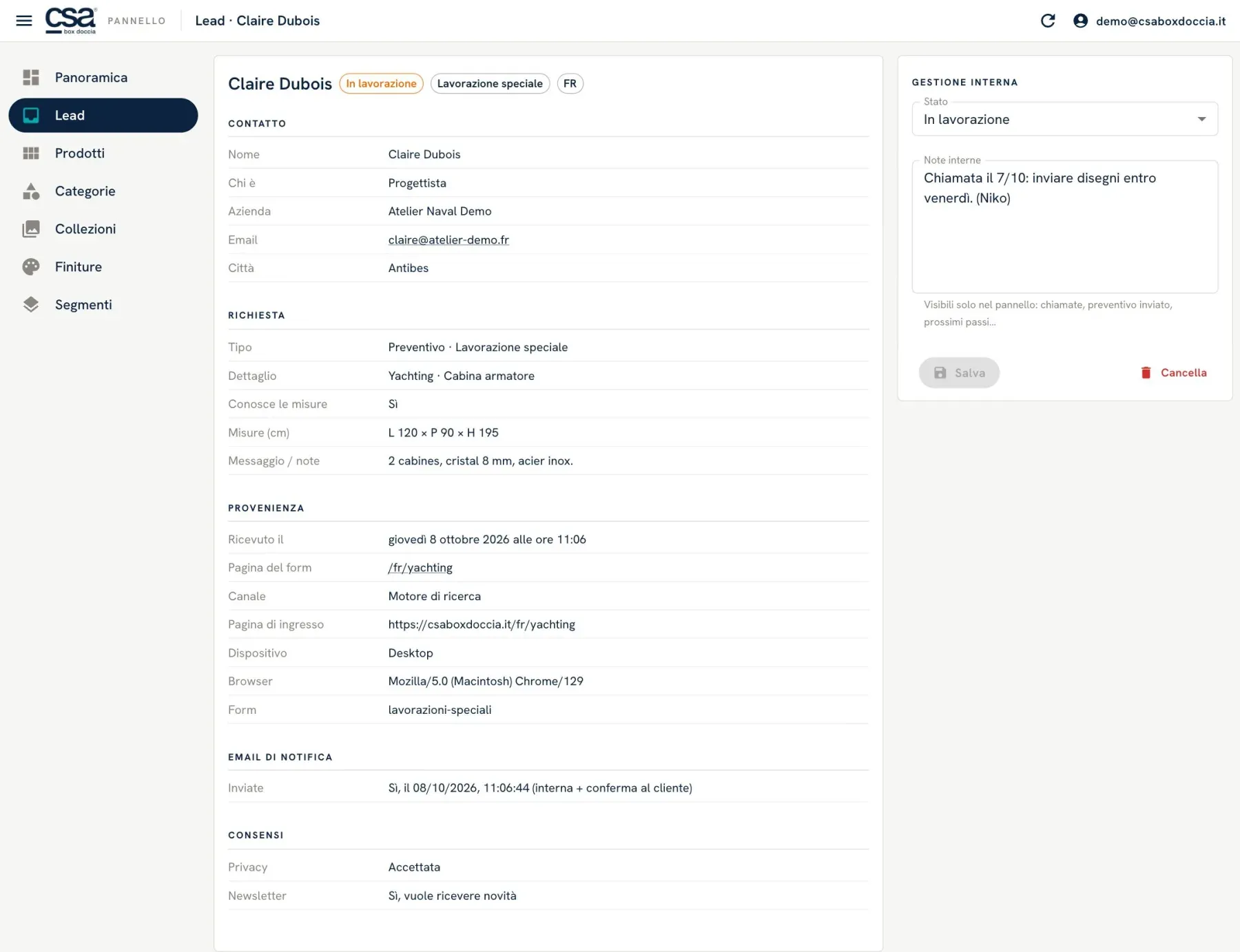 Il CRM dei lead di CSA, con dati di prova: la scheda di una richiesta con misure, pagina d'ingresso e stato