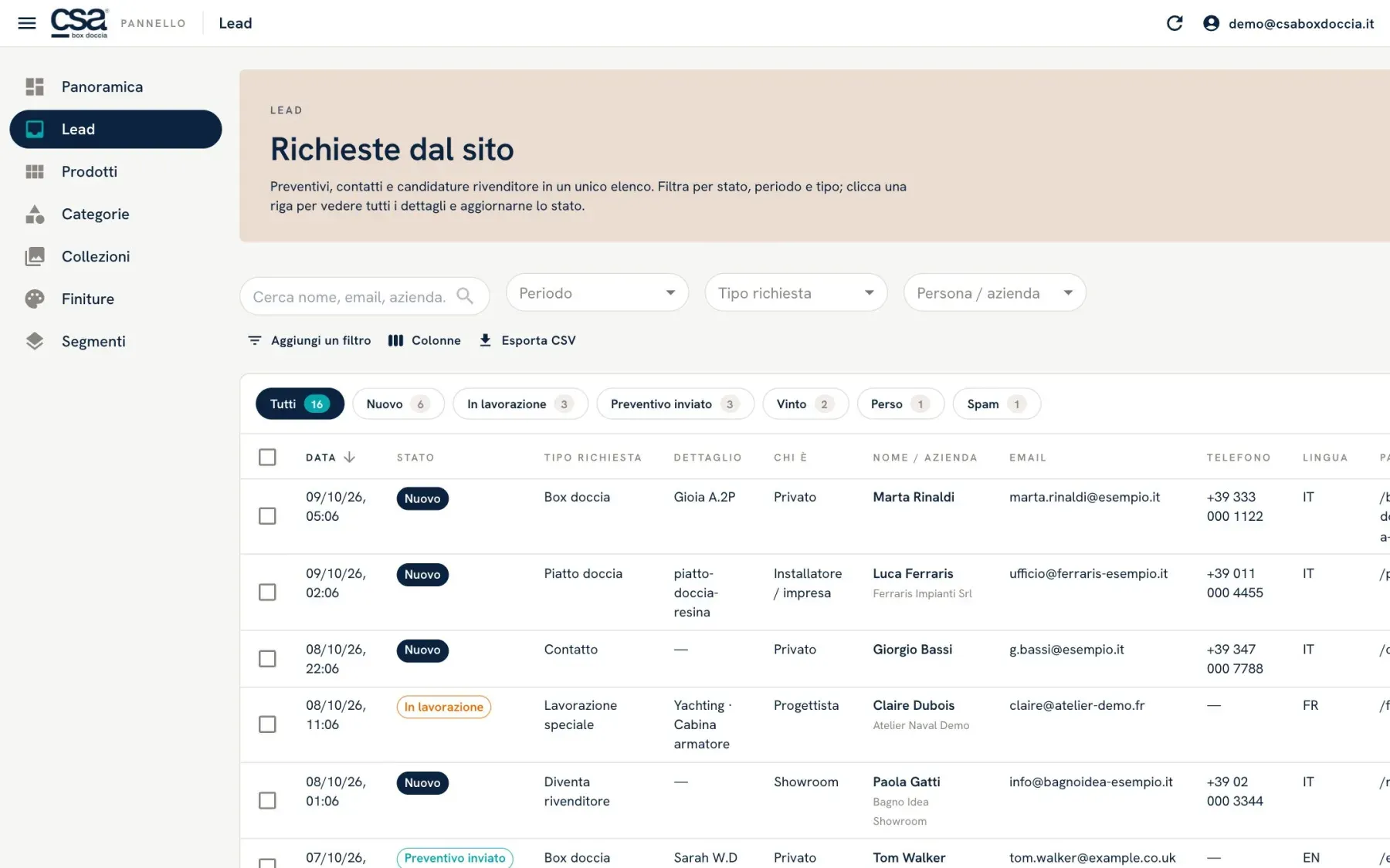 Il CRM dei lead di CSA, con dati di prova: l'elenco delle richieste dal sito con filtri, stati e provenienza