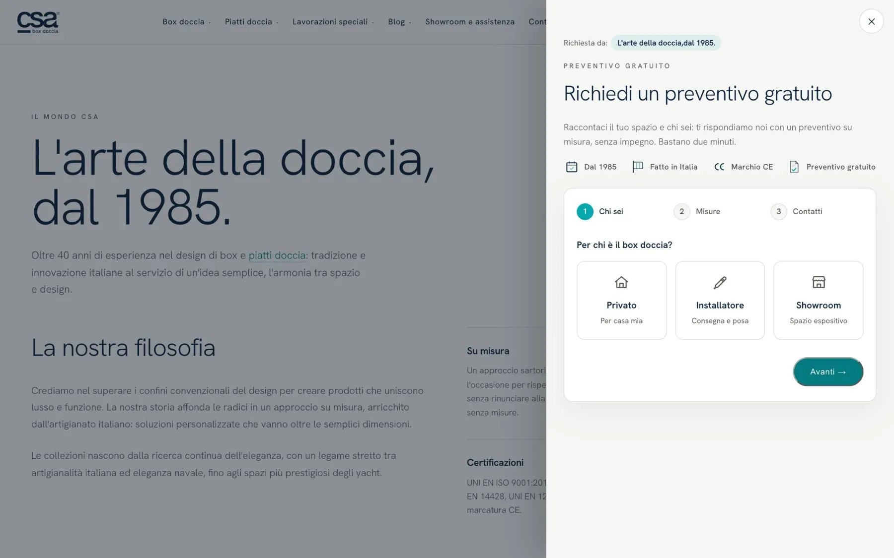 La richiesta di preventivo a tappe di csaboxdoccia.it: per chi è il box doccia, privato, installatore o showroom