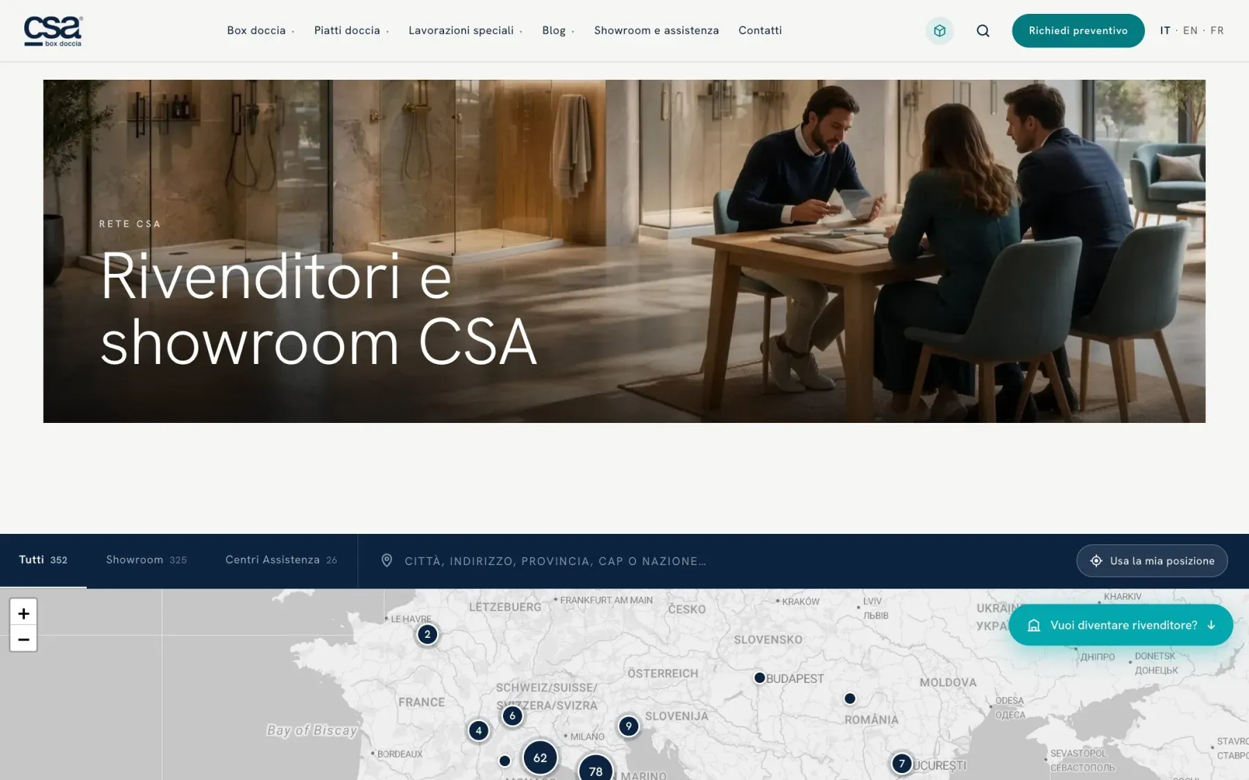 La pagina Rivenditori e showroom di csaboxdoccia.it, con la mappa dei punti vendita