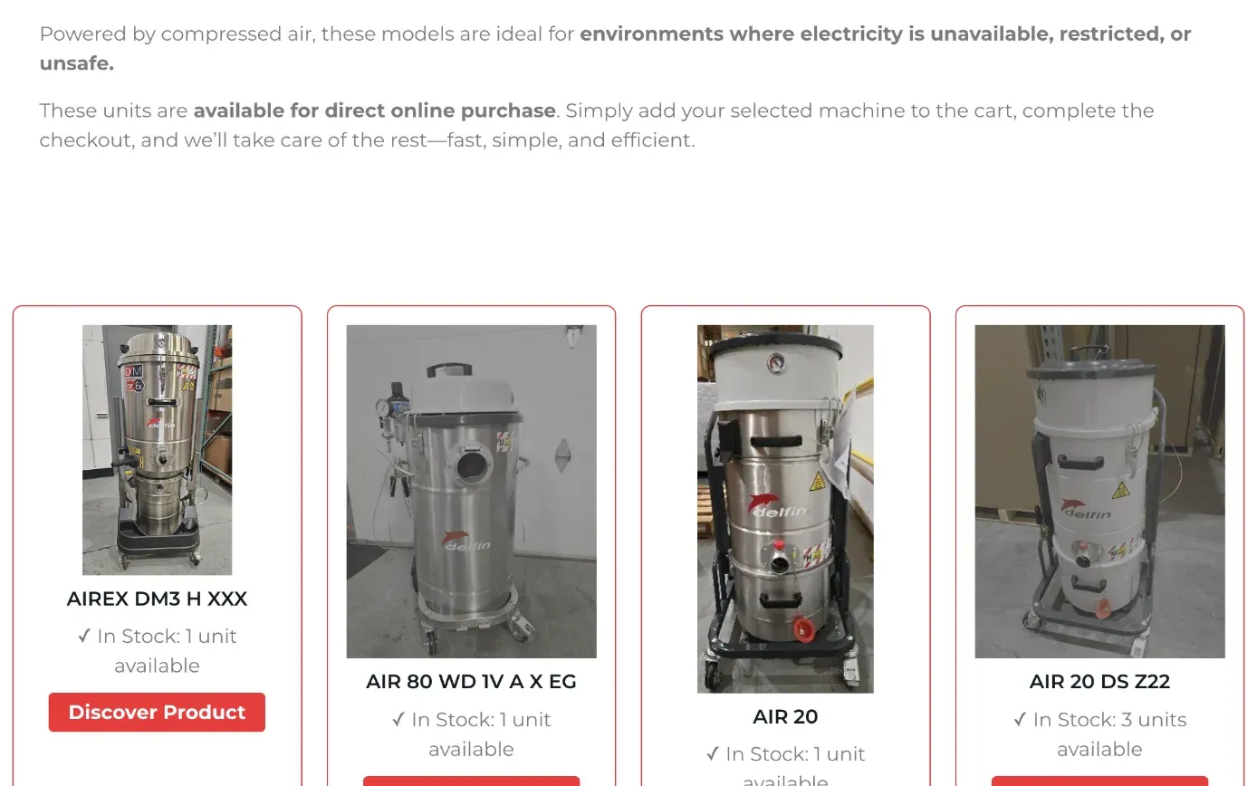 Il Kiosk di delfinindustrial.com: aspiratori pneumatici disponibili in magazzino, da comprare online