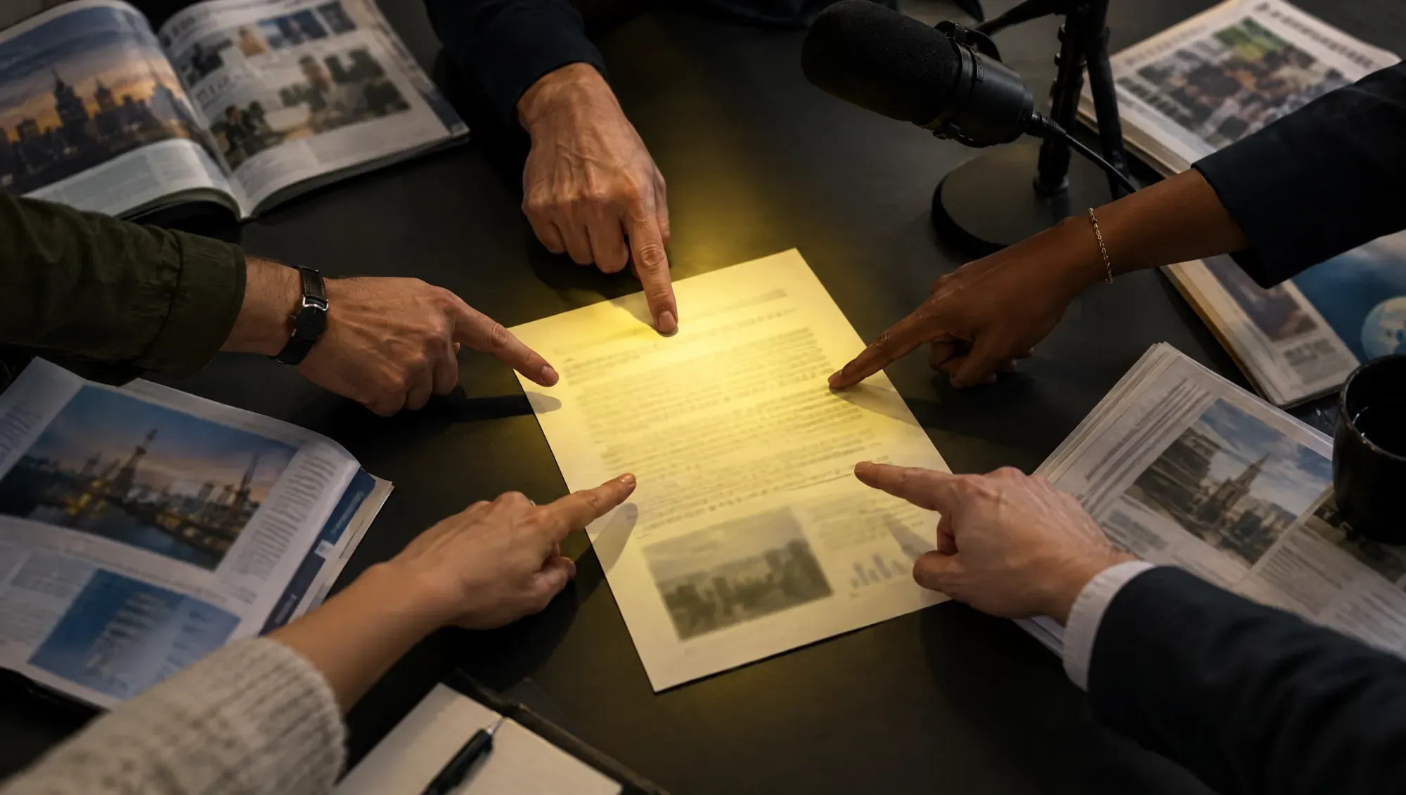 Riviste di settore e un microfono da podcast su un tavolo scuro, mentre più mani indicano lo stesso foglio illuminato al centro