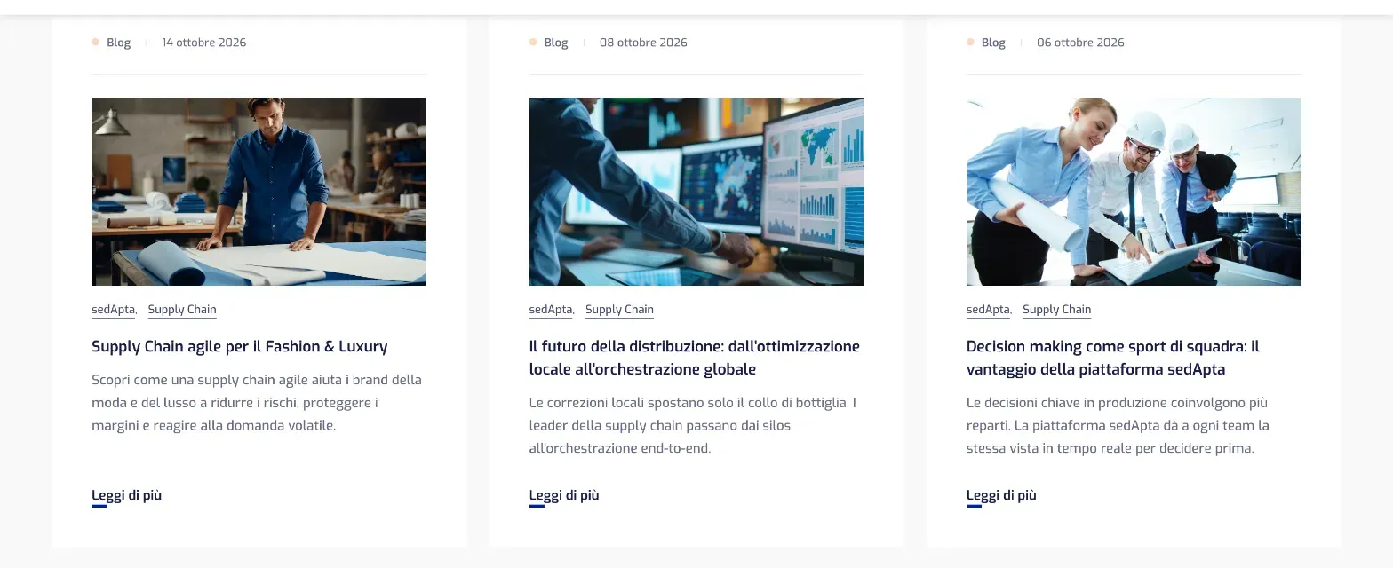 La sezione articoli di elisaindustriq.it, con gli articoli tecnici di ottobre 2026 su supply chain e piattaforma sedApta