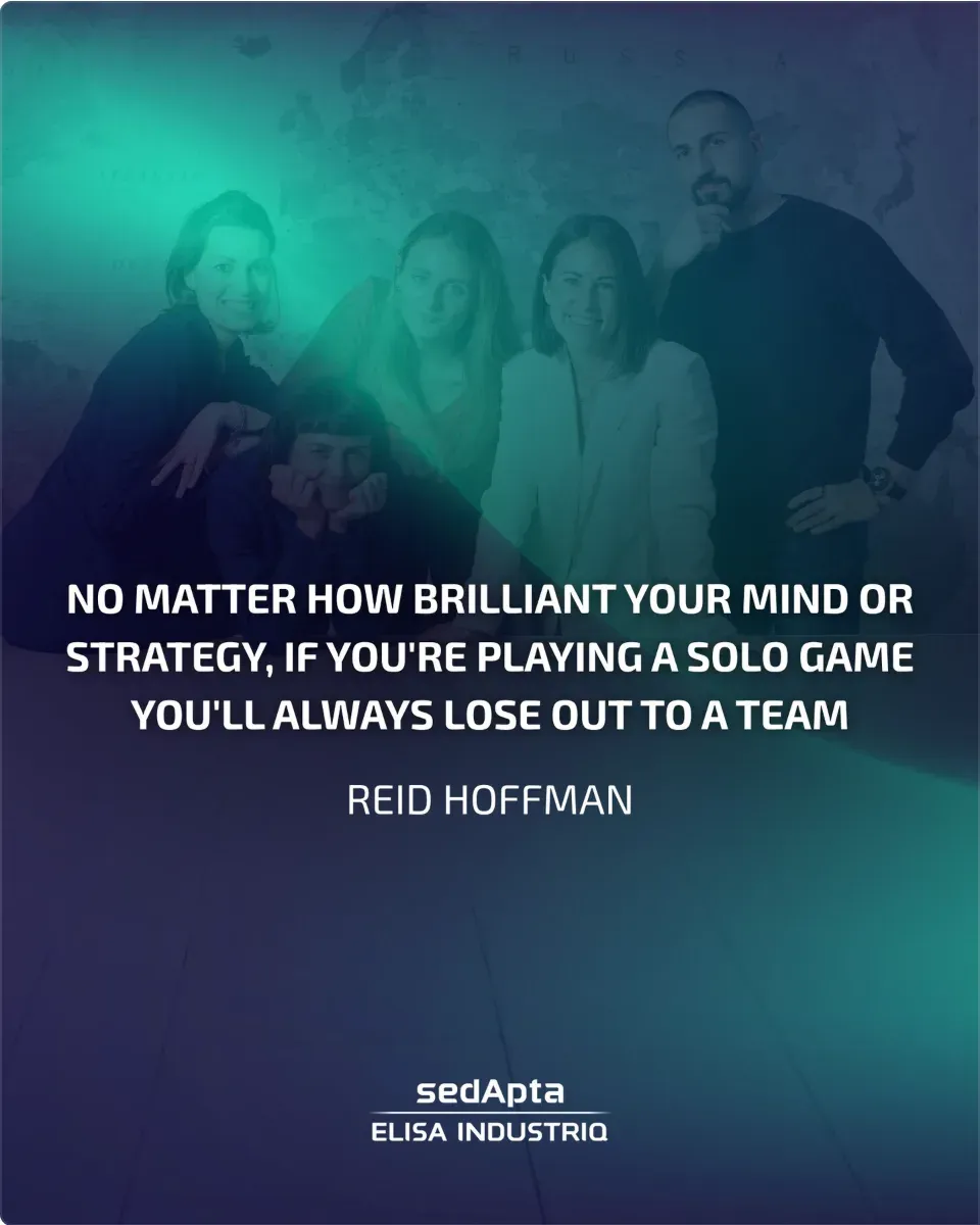 Post Instagram di sedApta: il team davanti a una mappa del mondo, con una frase di Reid Hoffman sul lavoro di squadra