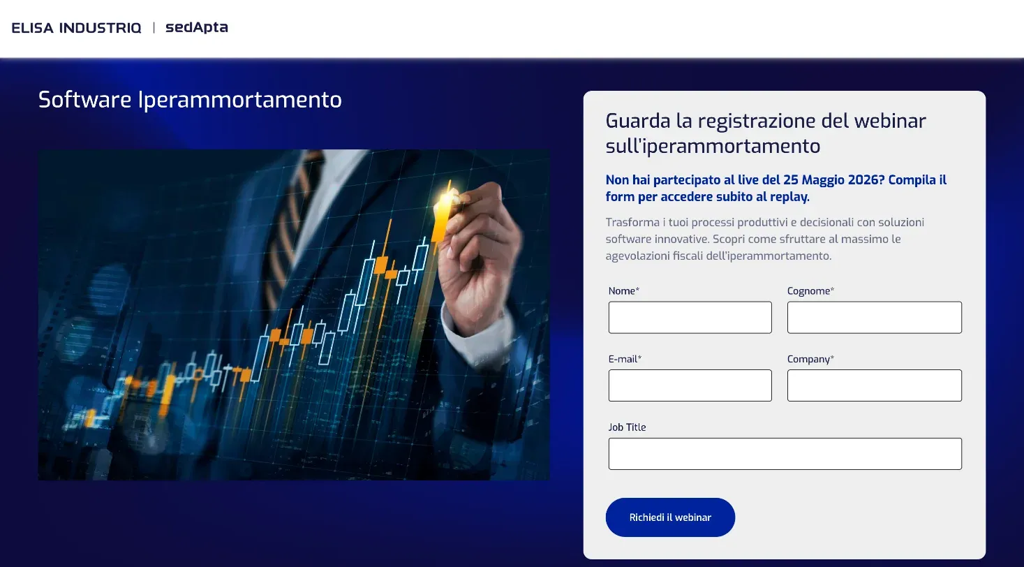 Landing page di Elisa Industriq e sedApta sul software per l'iperammortamento, con il modulo HubSpot per rivedere il webinar