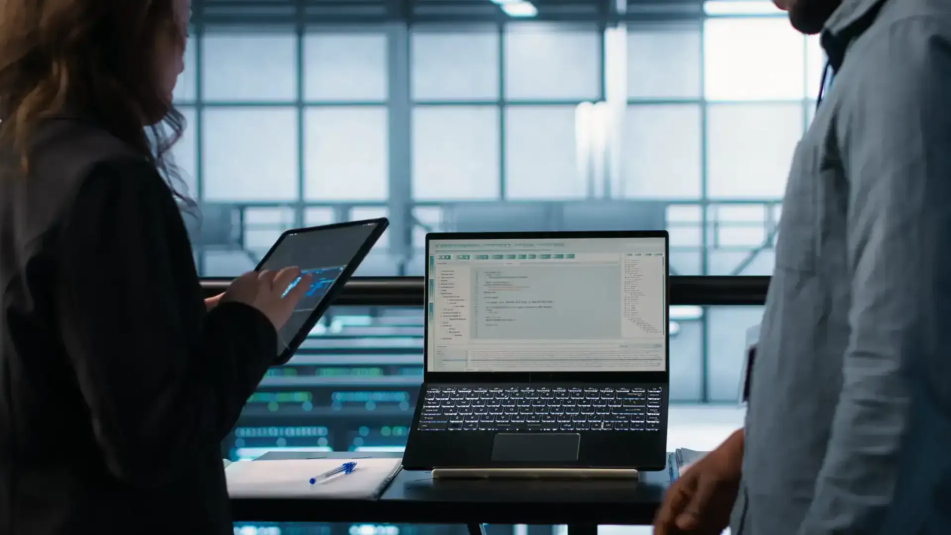Due colleghi davanti a un laptop con codice sullo schermo, lei consulta un tablet, in un ambiente tecnico luminoso