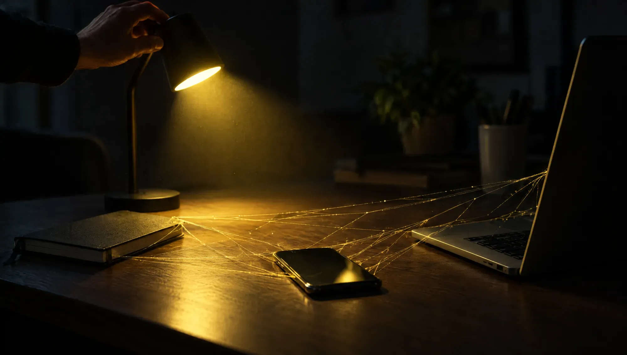Una mano accende una lampada da scrivania e la luce gialla rivela una rete di fili sottili che collega taccuino, telefono e portatile