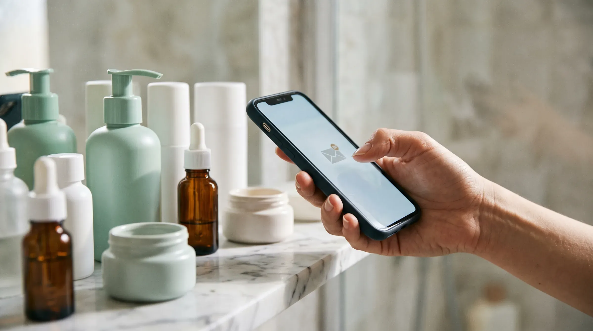 Smartphone con una notifica email su una mensola con prodotti di skincare