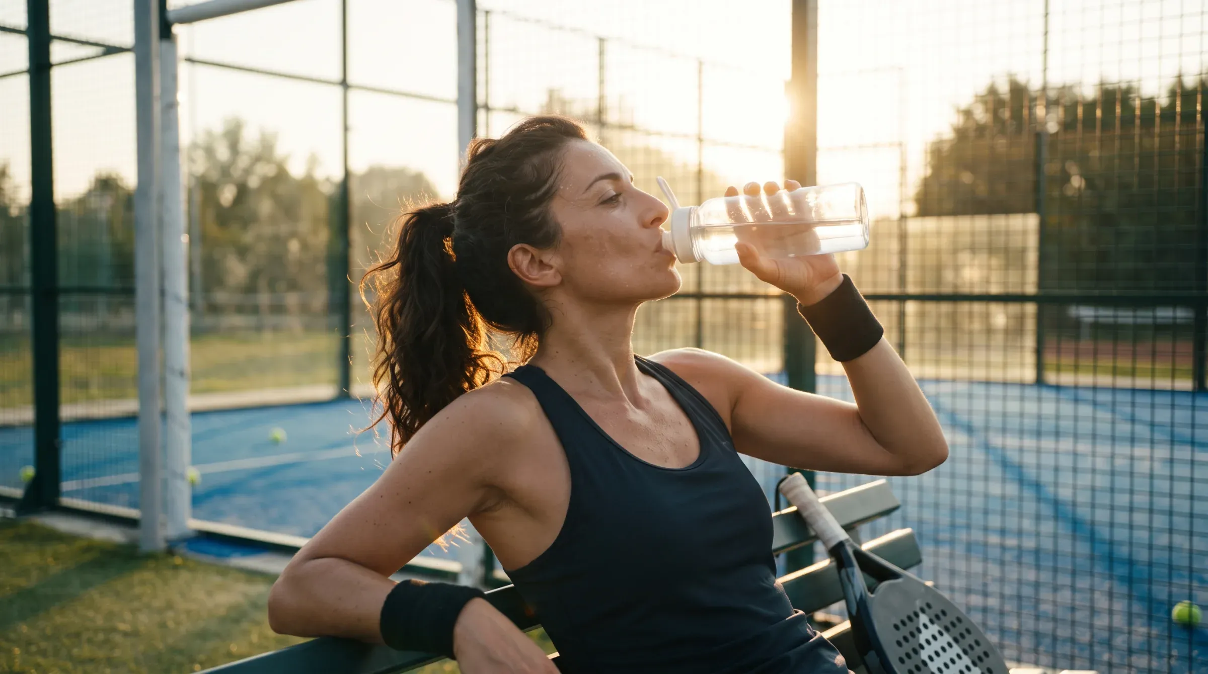 Donna che beve dopo una partita di padel al tramonto
