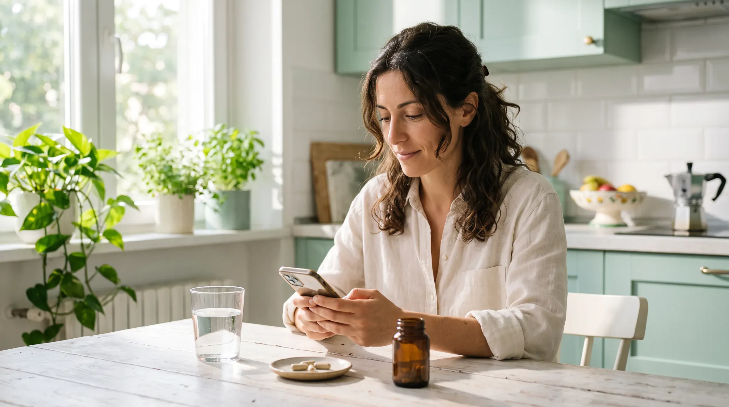 Donna che sfoglia un negozio online di benessere dallo smartphone in cucina