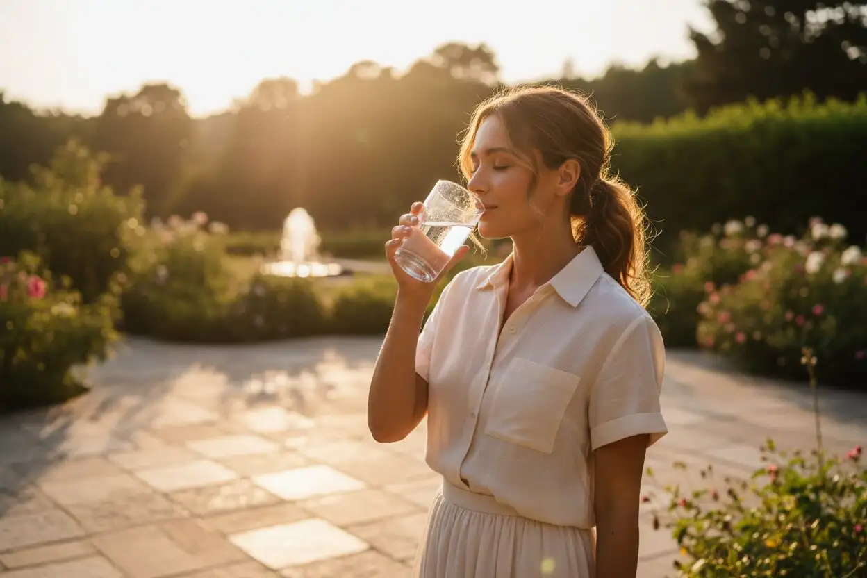 Donna che beve un bicchiere d'acqua in un giardino al tramonto