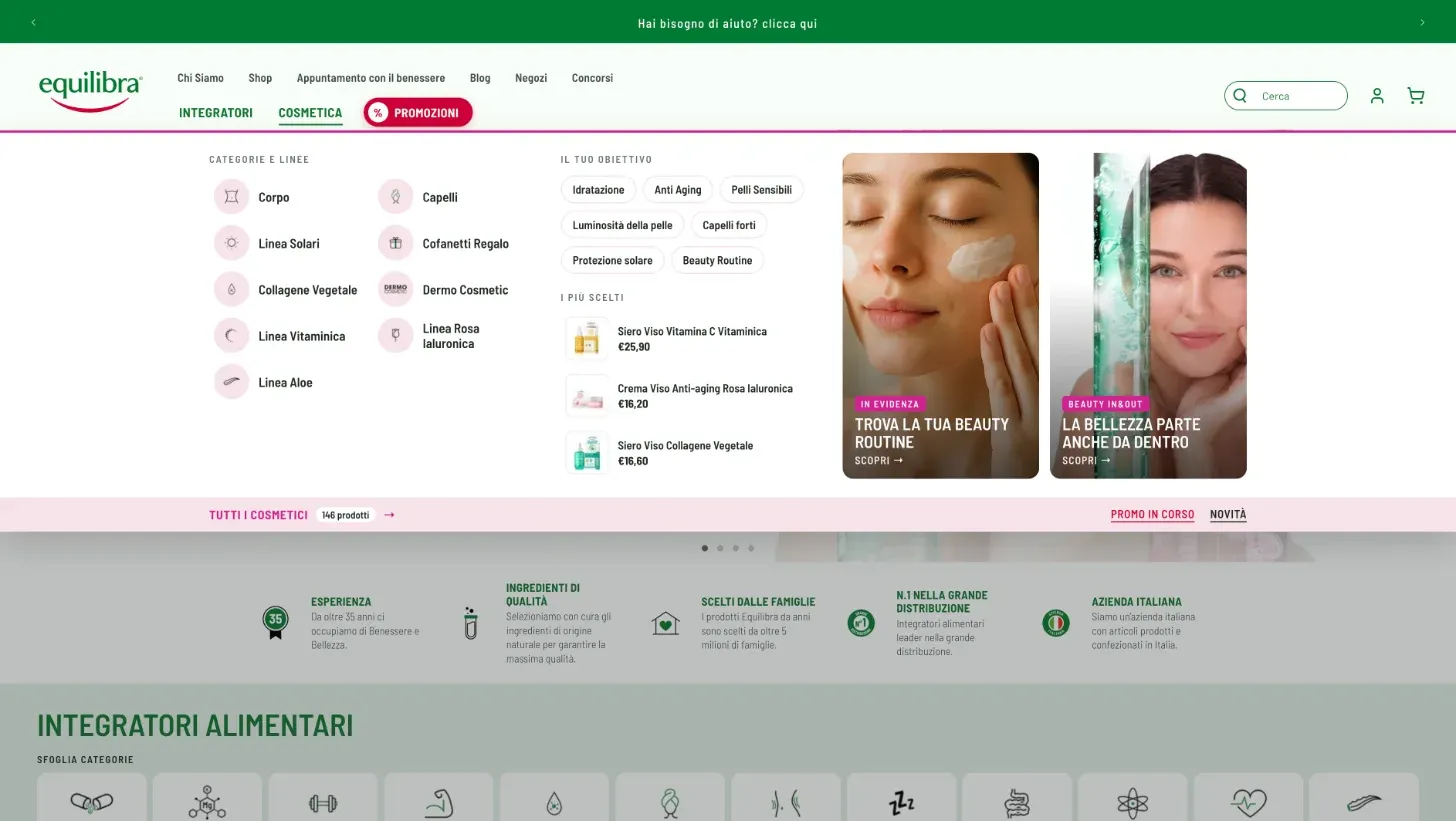 Nuovo menu Cosmetica del sito Equilibra