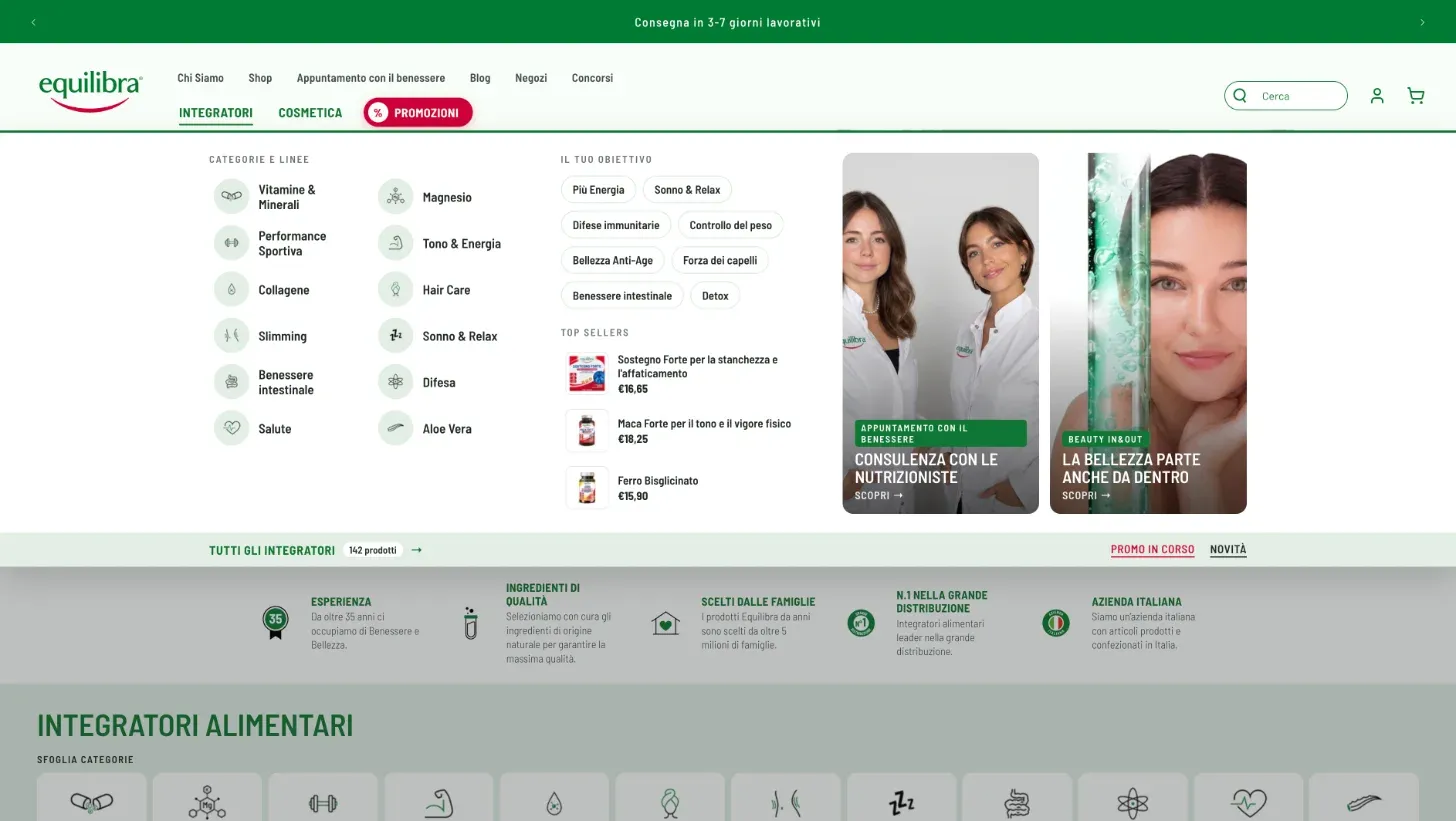 Nuovo menu Integratori del sito Equilibra, con categorie, obiettivi e più venduti
