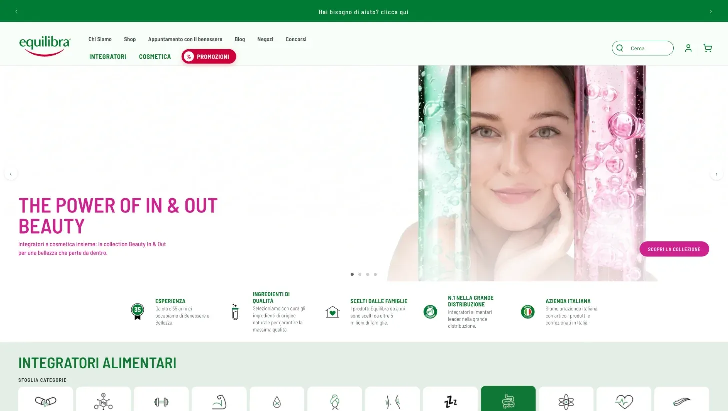 Home del nuovo sito Equilibra: The power of In & Out Beauty