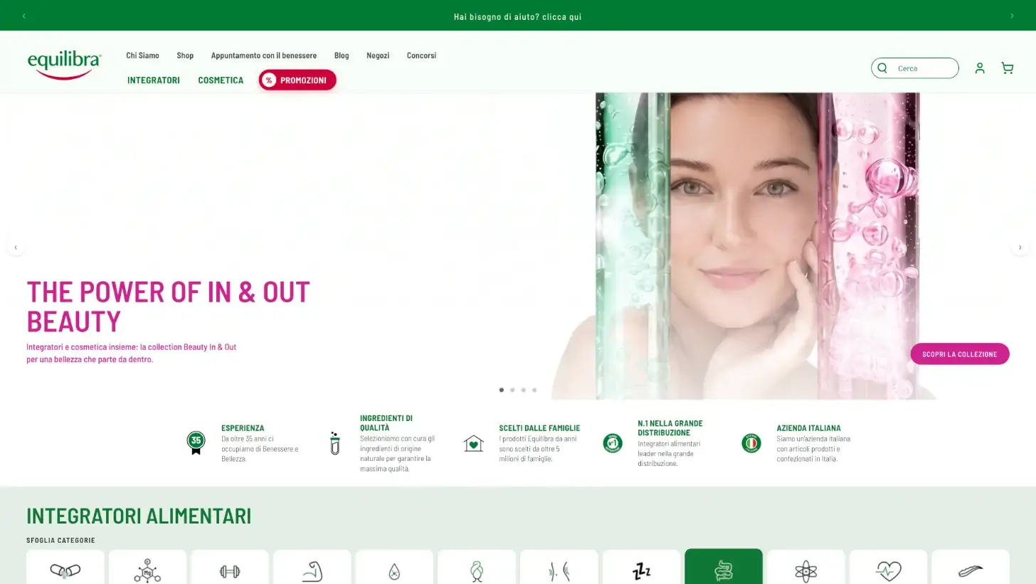 Home del nuovo sito Equilibra: The power of In & Out Beauty