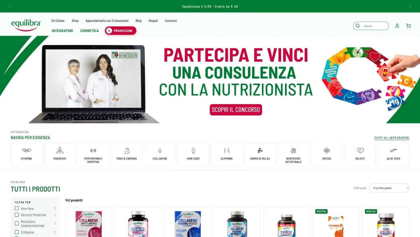 Collezione Integratori alimentari sul nuovo sito Equilibra, con la navigazione per esigenza