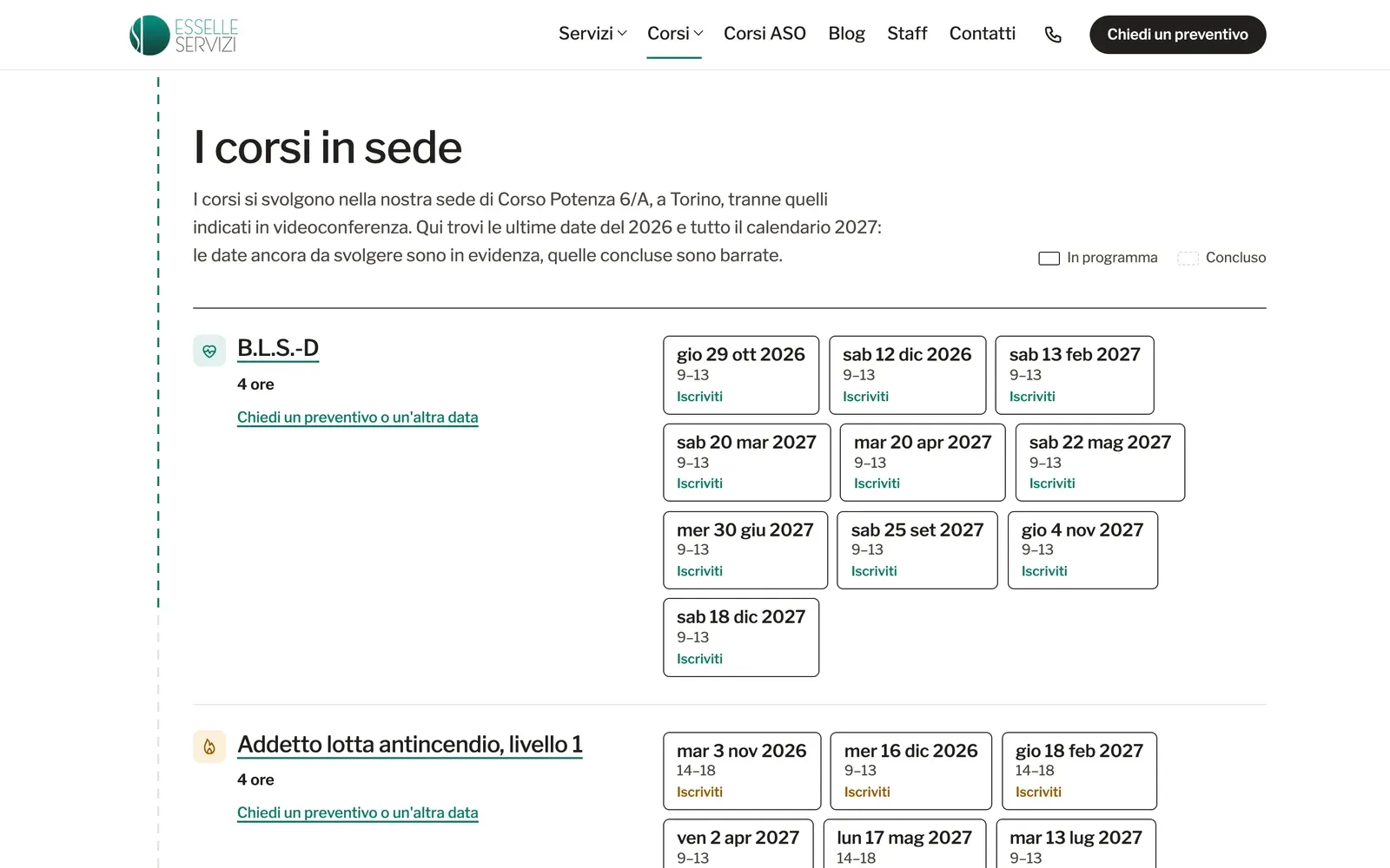 Il calendario dei corsi in sede di Esselle Servizi, con le date da cliccare per iscriversi