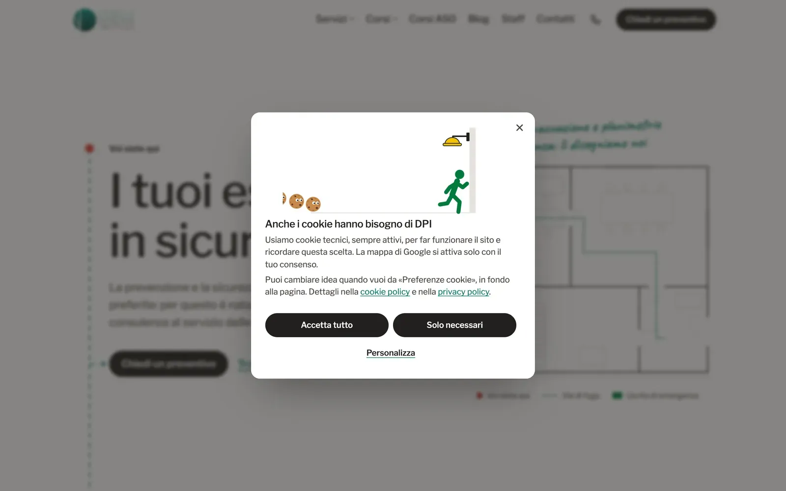 Il banner dei cookie di Esselle Servizi: «Anche i cookie hanno bisogno di DPI», con l'omino che corre